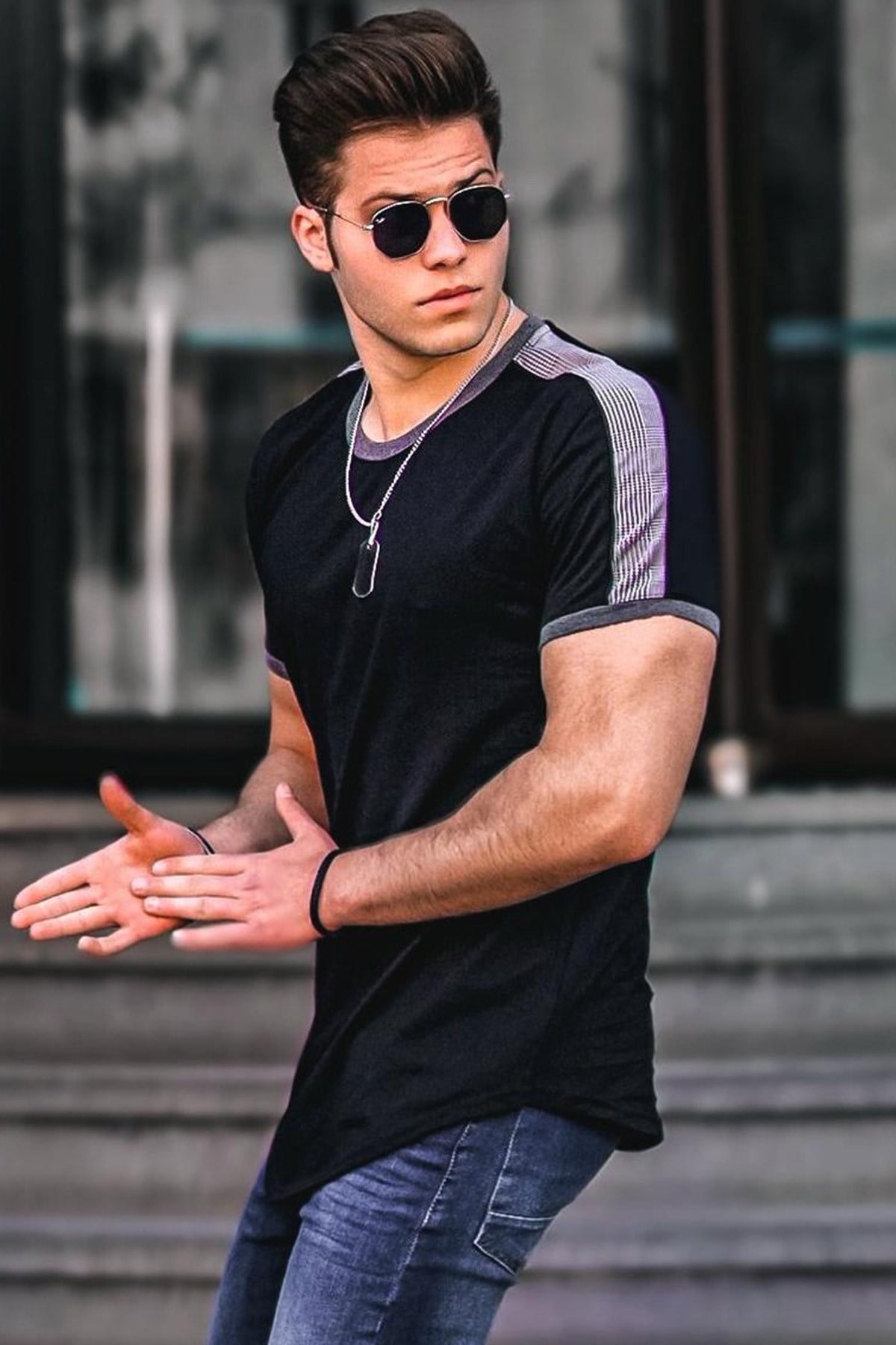 Madmext Black Shoulder Striped T-shirt for Men 4101