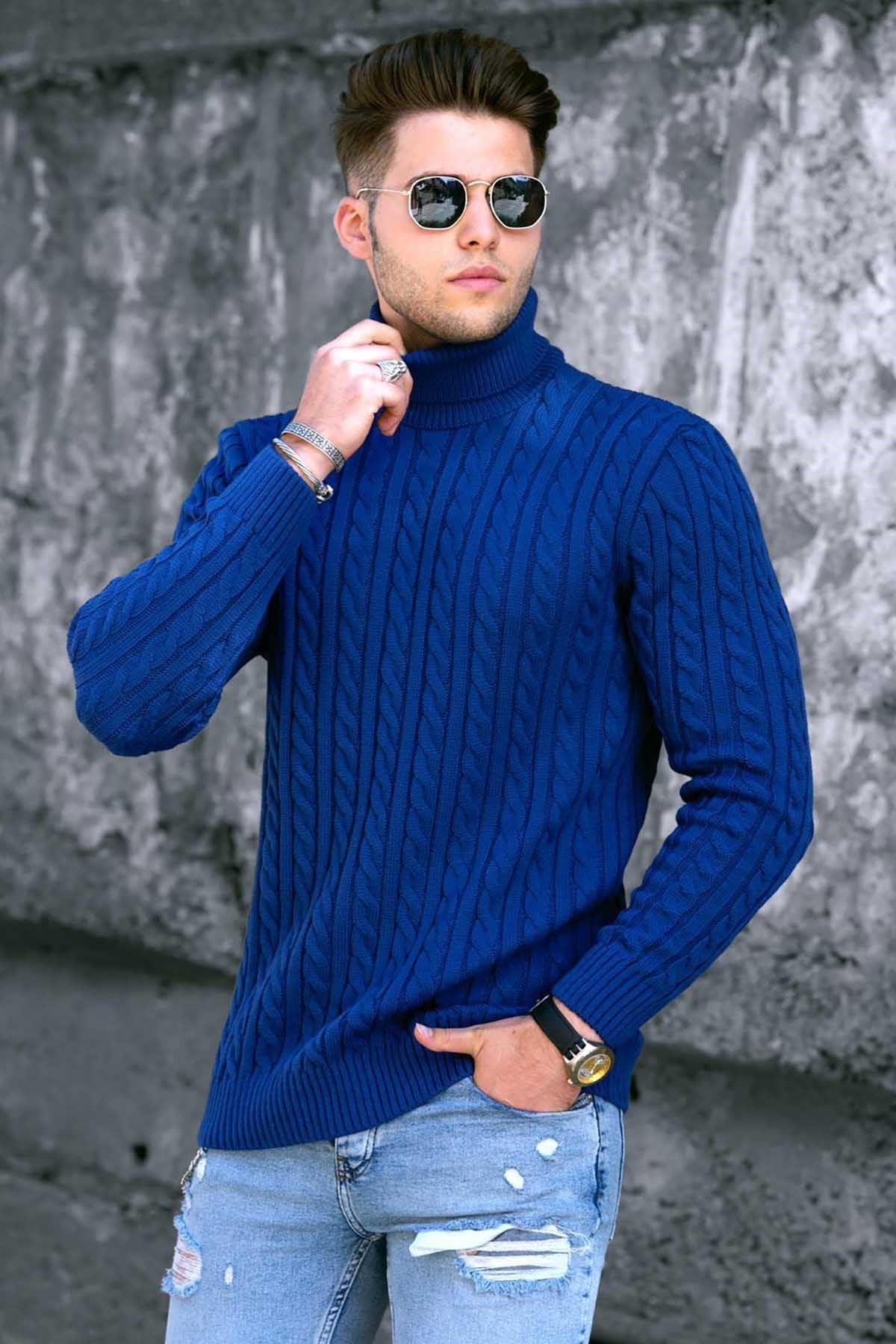 Saxe Blue Turtleneck Braided Knit Sweater -- Madmext