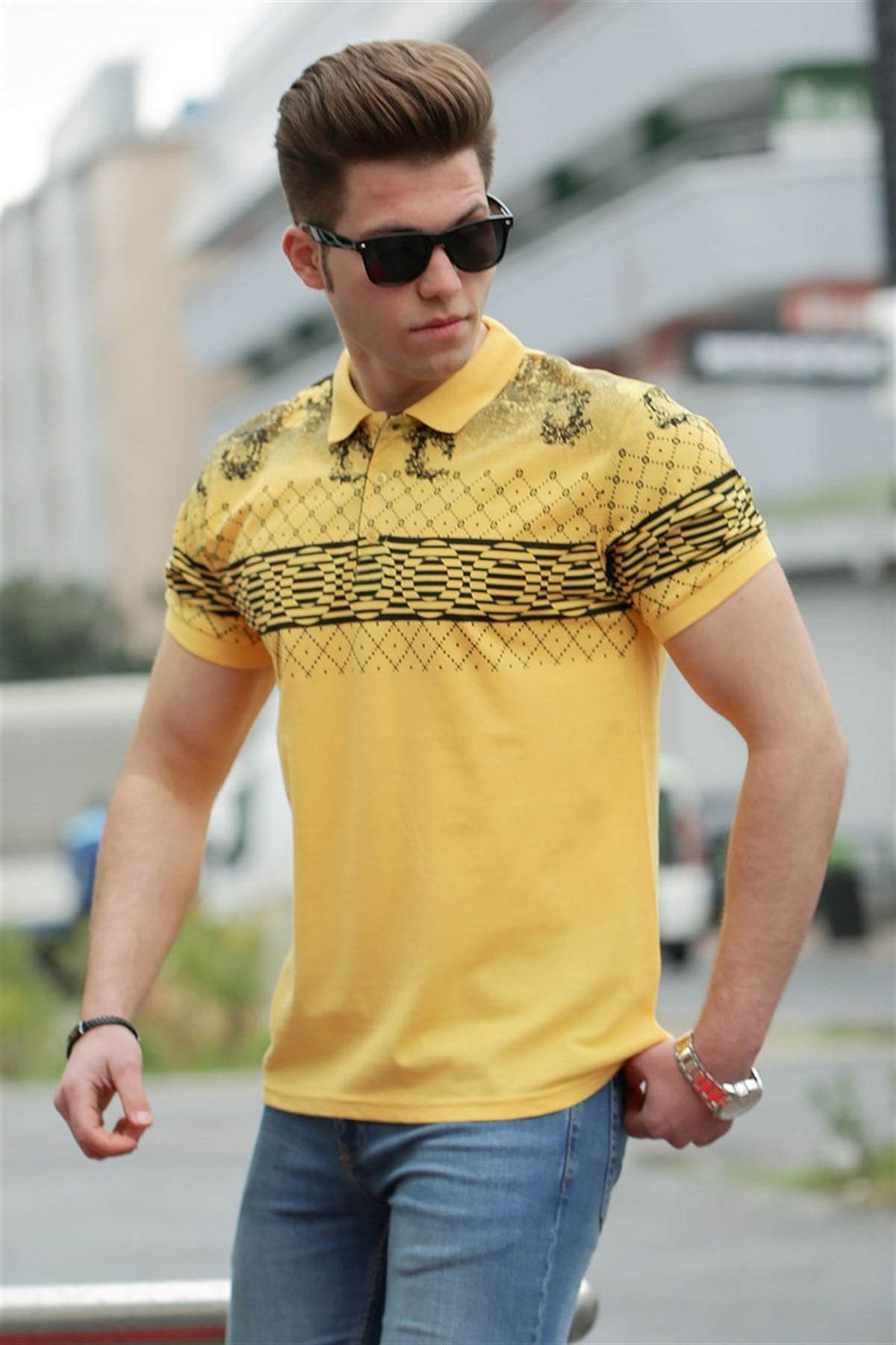 Madmext Yellow Printed Polo Shirt for Men 3057