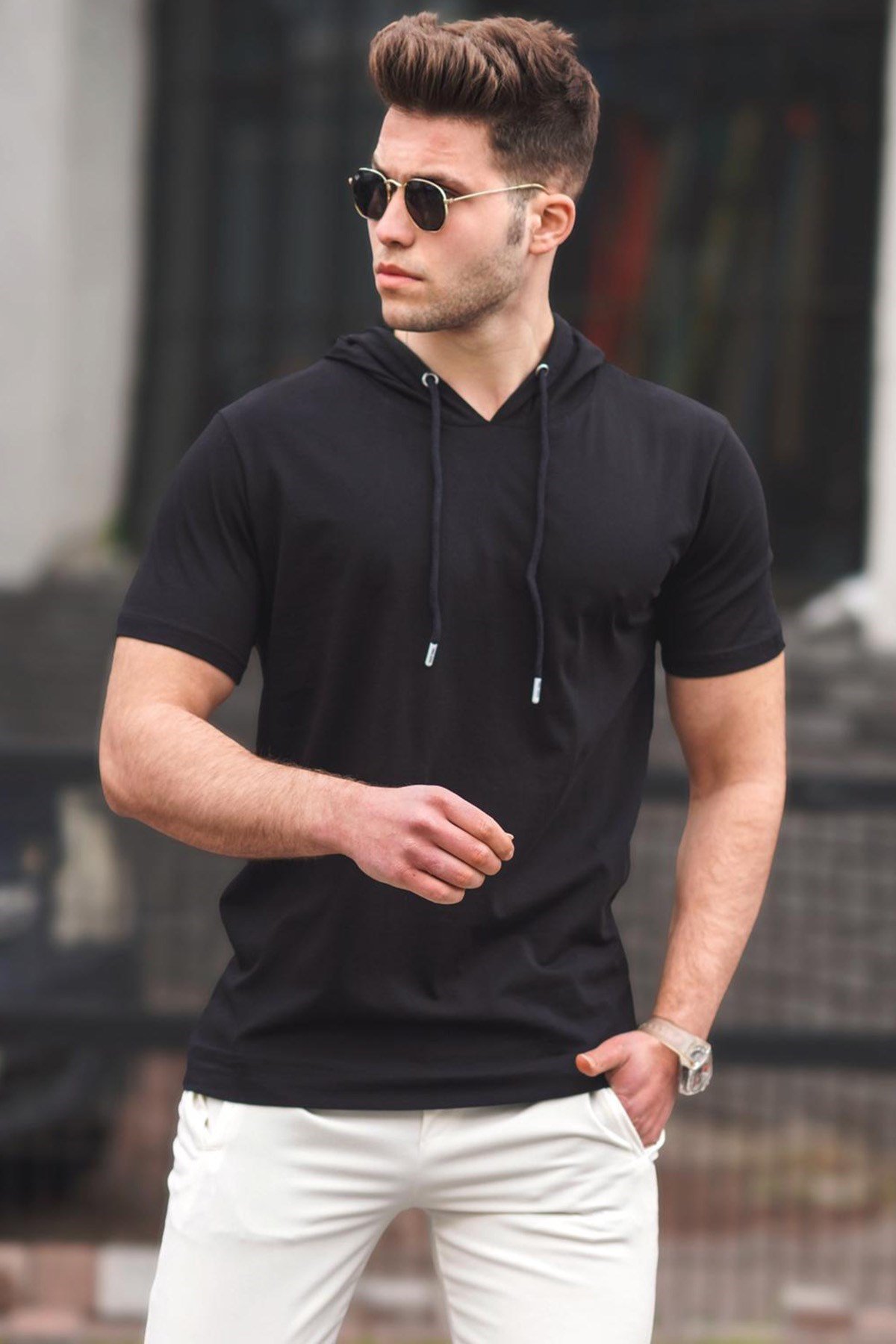 Madmext Siyah Basic Erkek Kapşonlu Tişört 5105