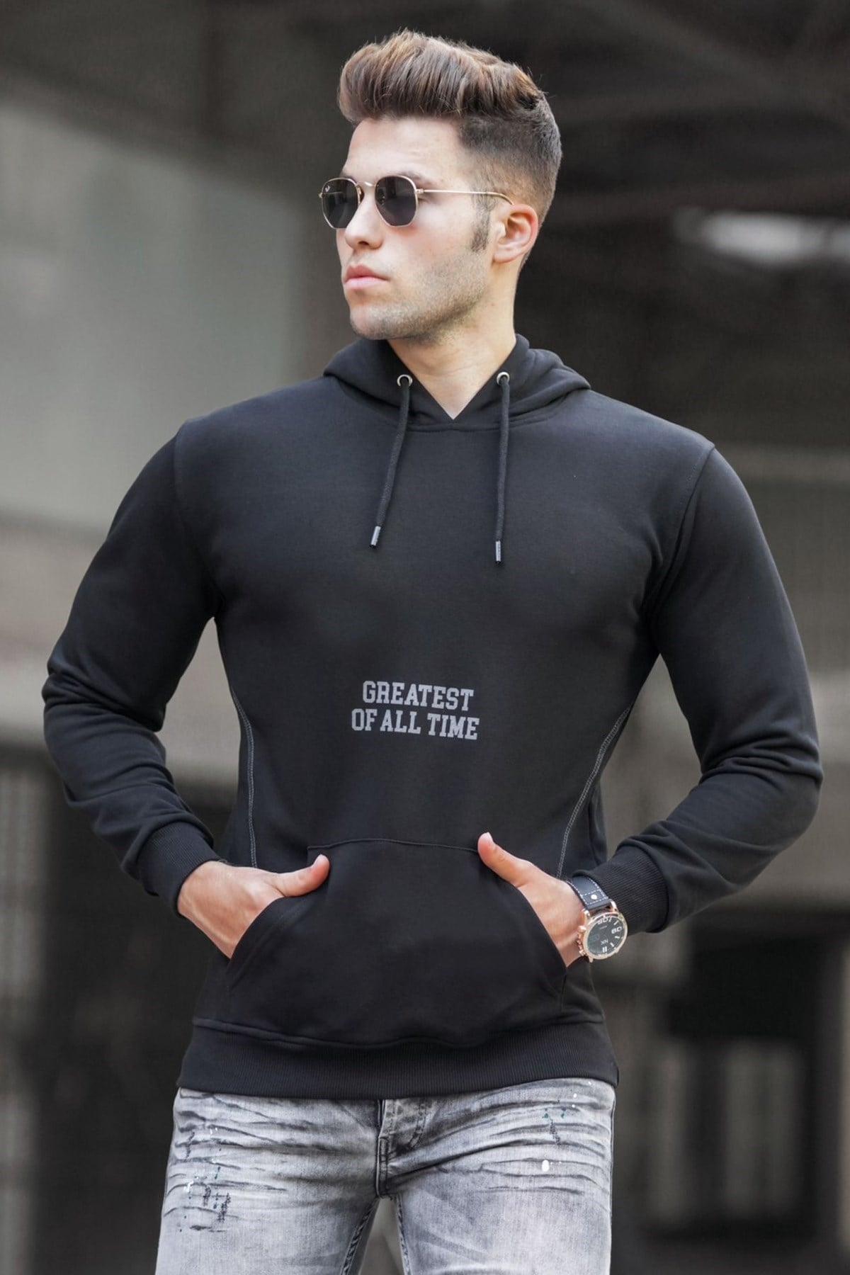 Madmext  Siyah Baskılı Kapşonlu Sweatshirt 5292