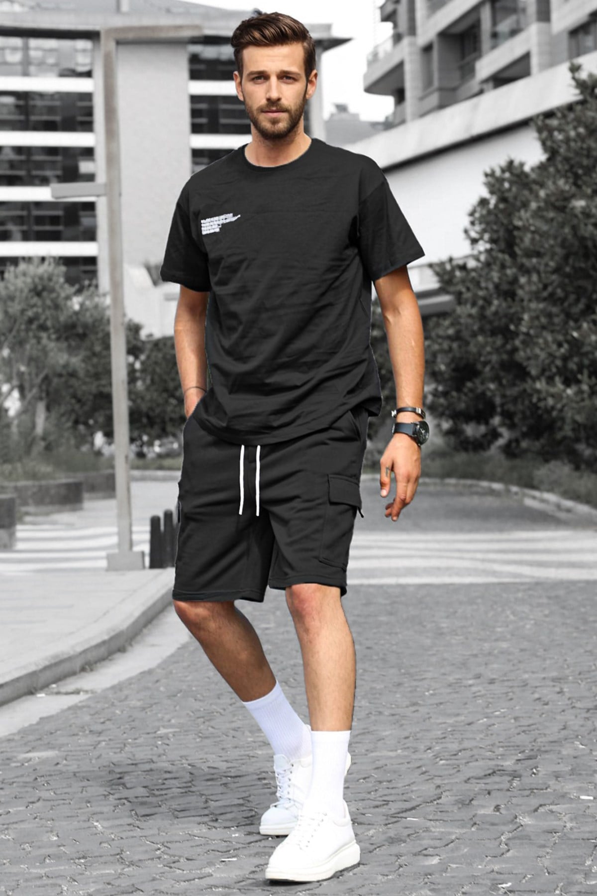 Madmext Siyah Oversize Erkek Şort Takımı 5391