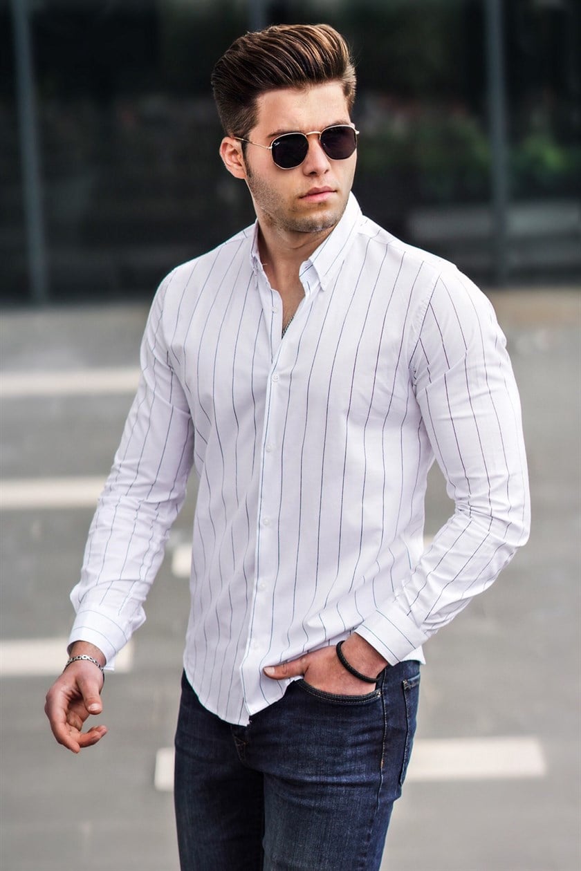 Madmext Slim Fit Çizgili Beyaz Erkek Gömlek 9213