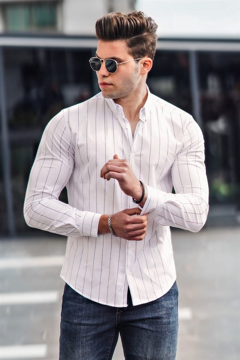 Madmext Slim Fit Çizgili Beyaz Erkek Gömlek 9213