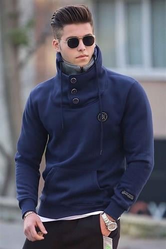 Madmext Navy Blue Button Up Sweatshirt 4411