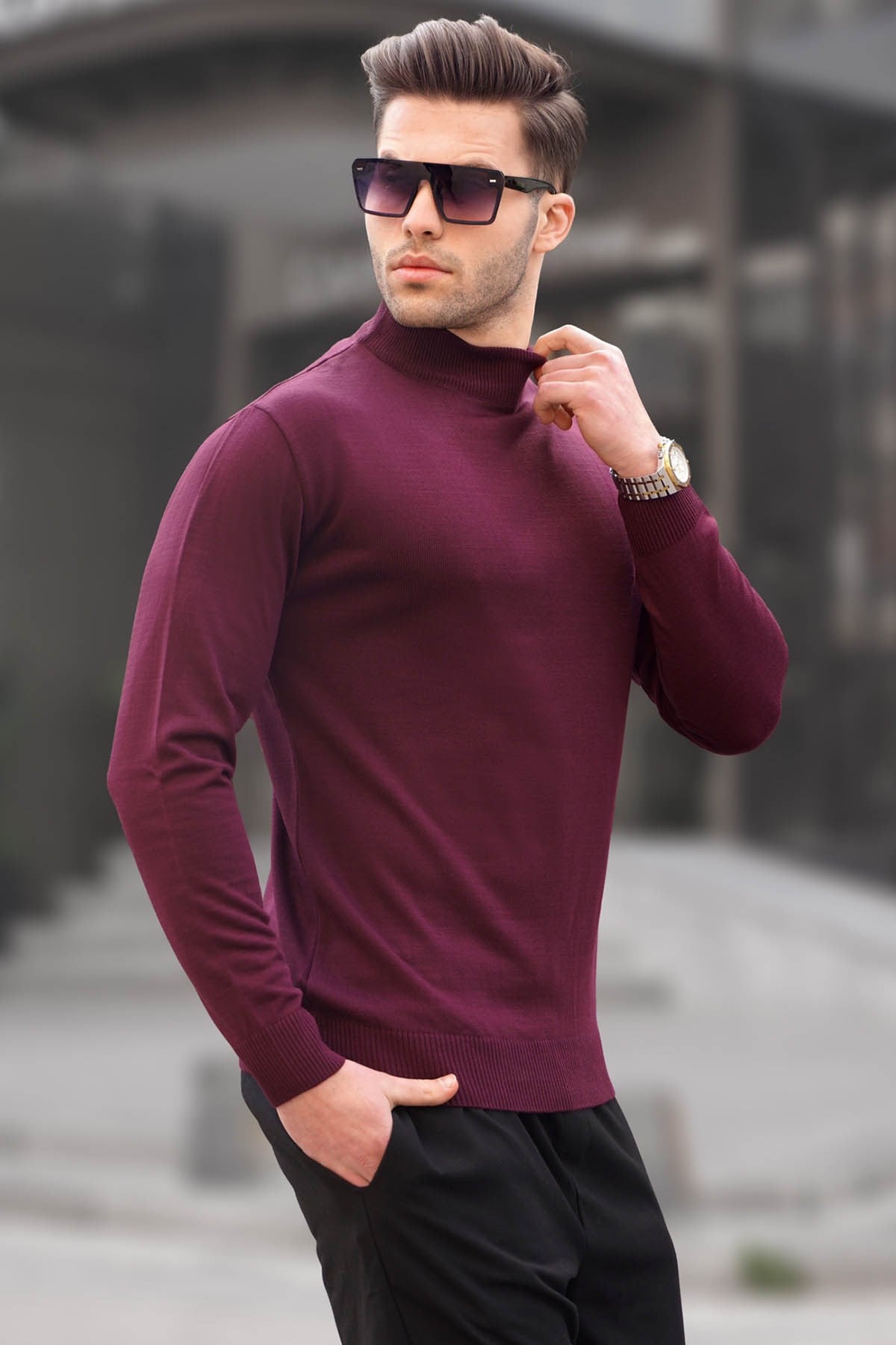 Madmext Vişne Çürüğü Slim Fit Yarım Balıkçı Yaka Erkek Triko Kazak 6343