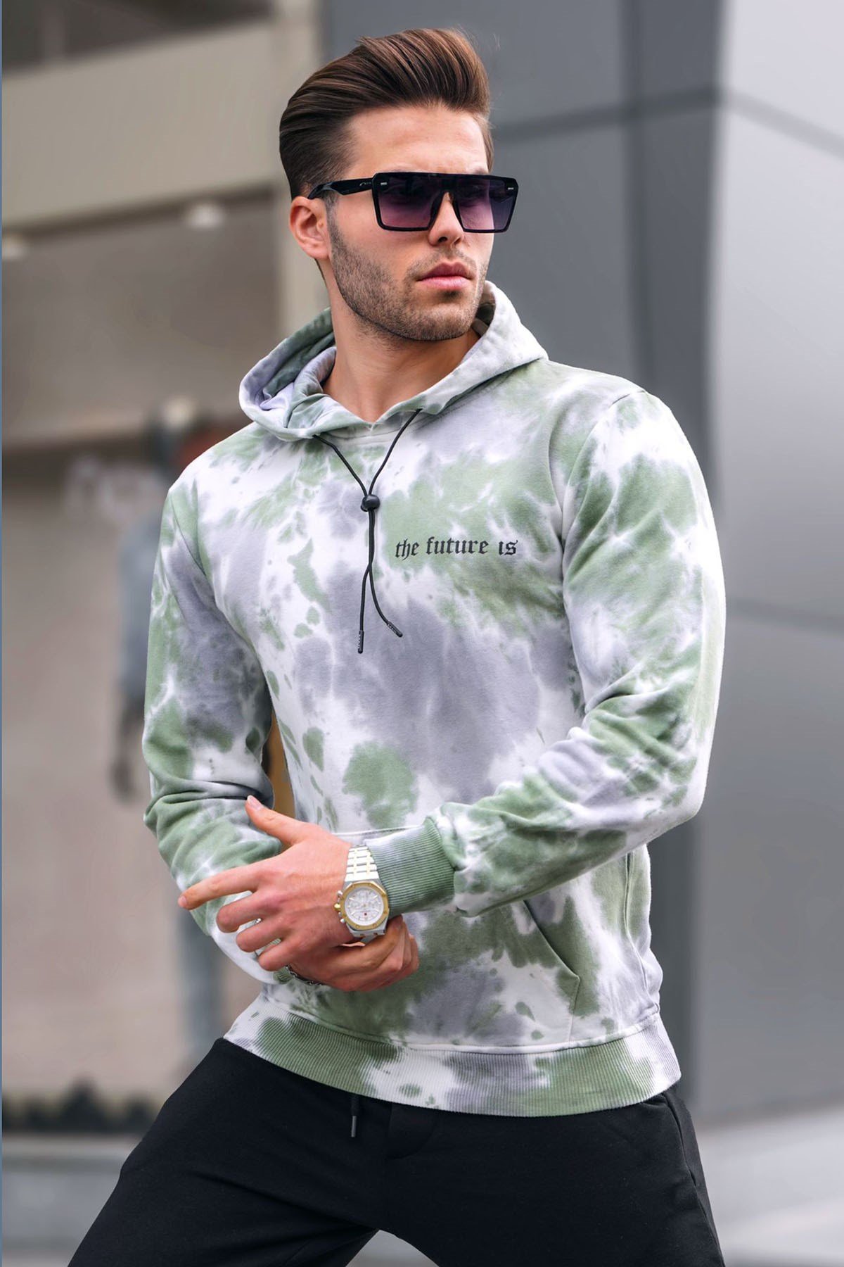 Madmext Green Tie-Dye Patterned Hooded Men Sweatshirt 4759