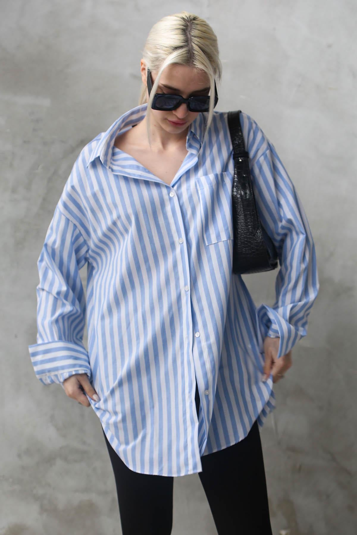Mavi Çizgili Oversize Kadın Gömlek MG1688