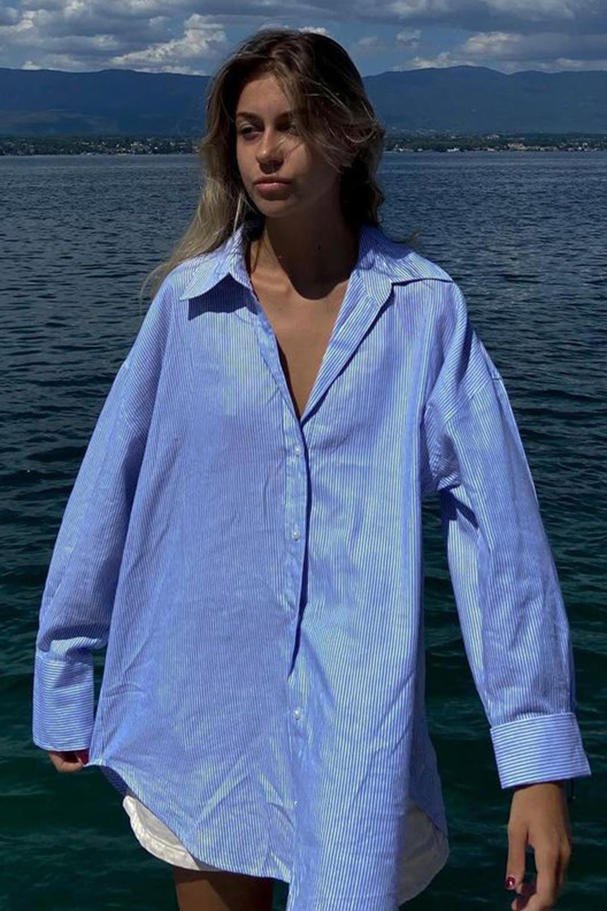 Mavi Çizgili Oversize Kadın Gömlek MG1780