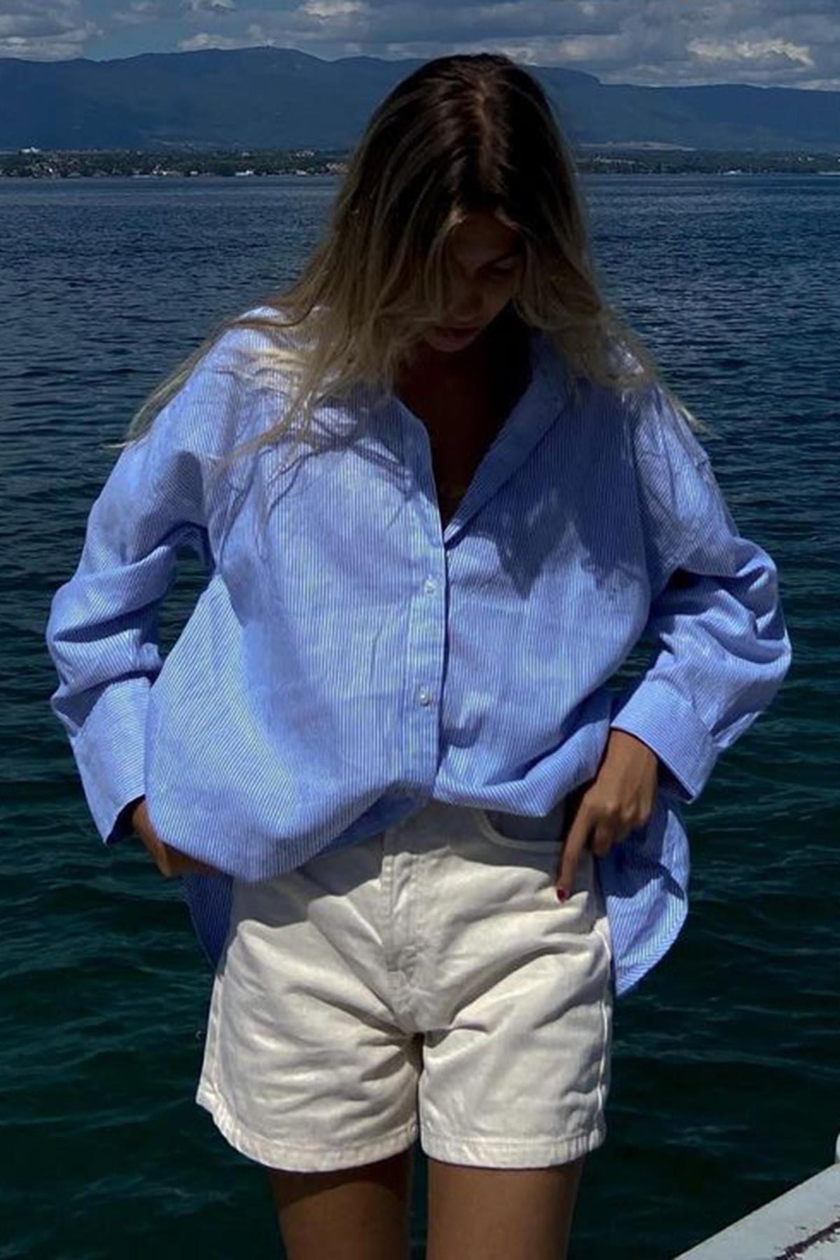 Mavi Çizgili Oversize Kadın Gömlek MG1780