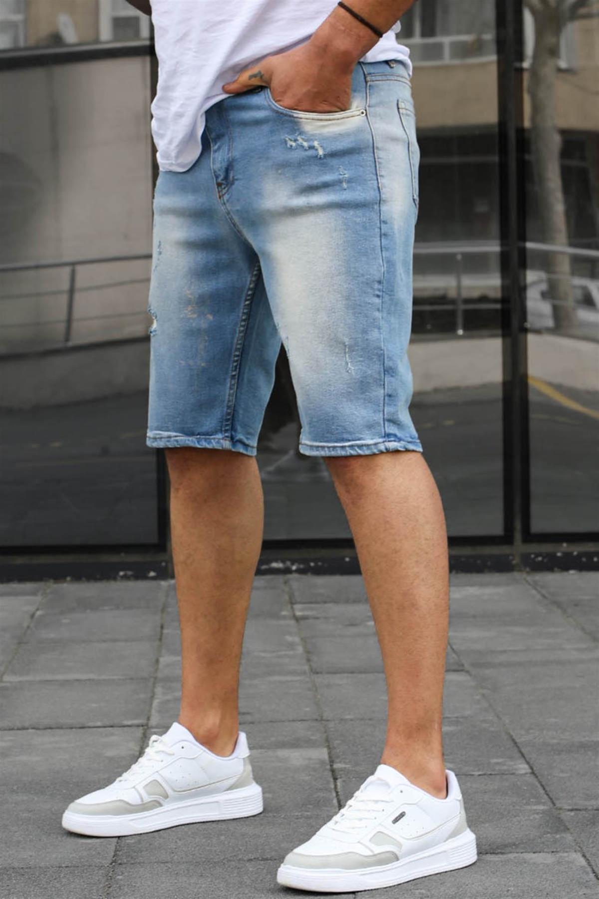 Mavi Taşlanmış Erkek Jean Şort 6347