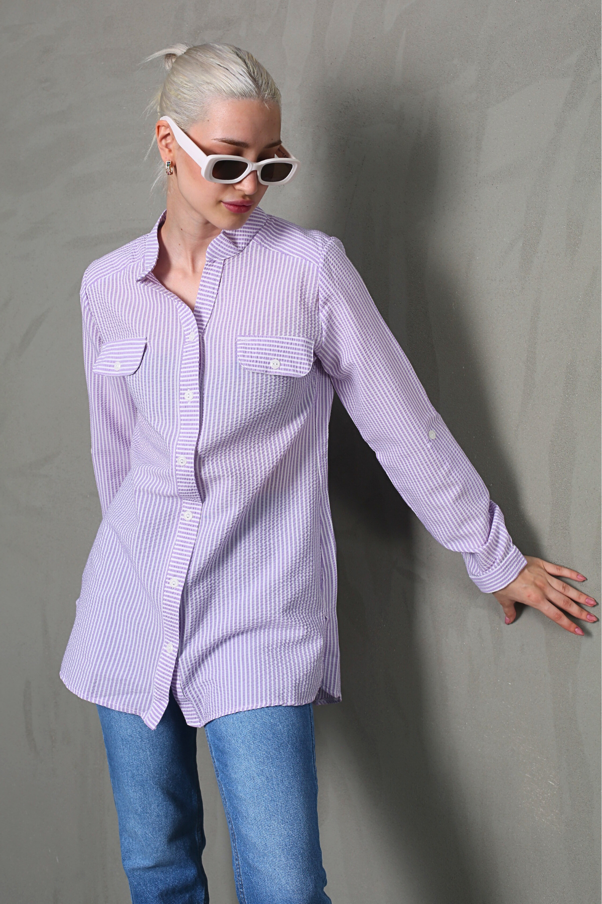 Mor Çizgili Gofre Kumaş Kadın Oversize Gömlek MG1666