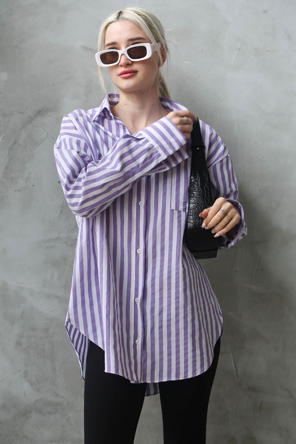 Mor Çizgili Oversize Kadın Gömlek MG1688