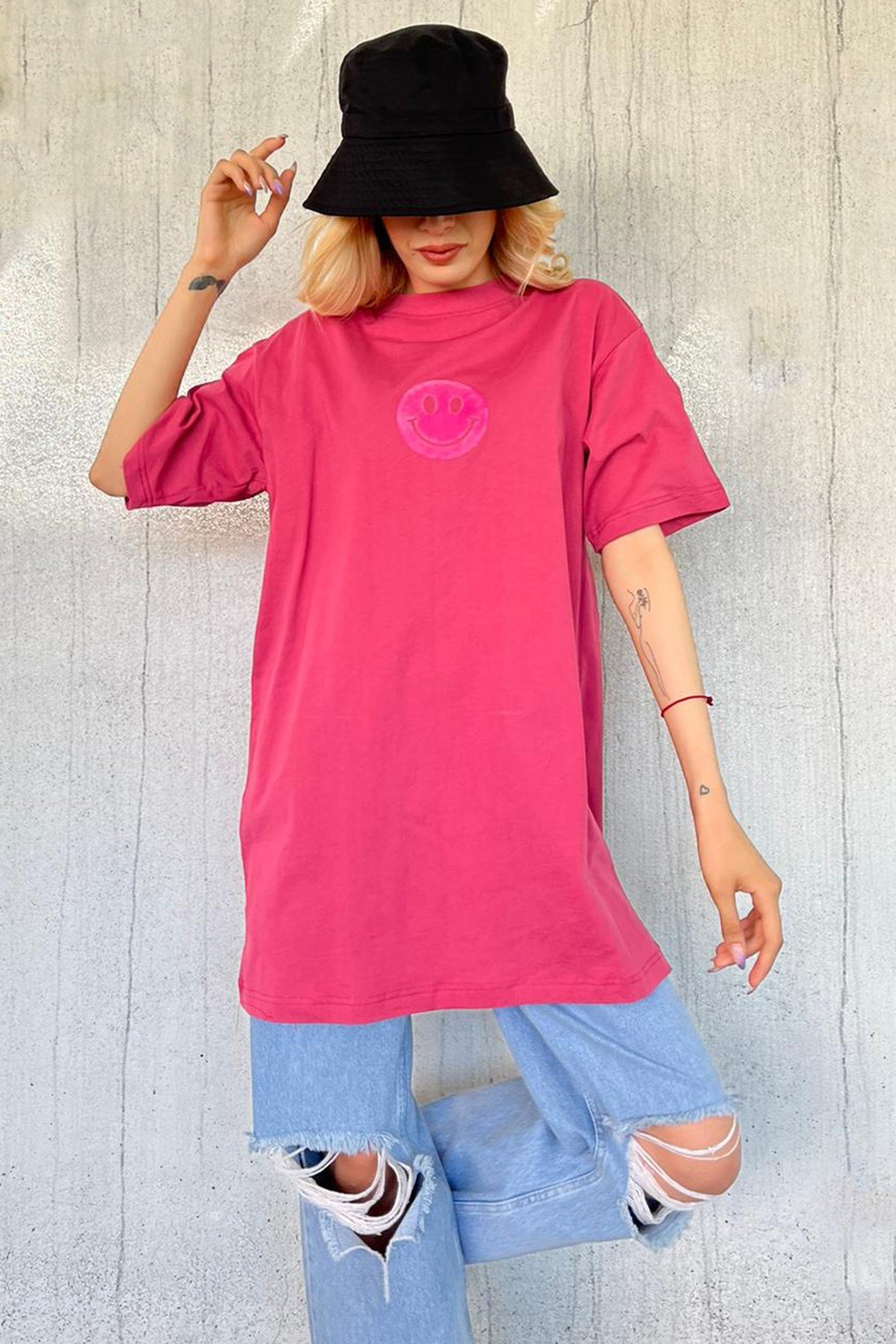 Women Printed Oversize Pink T-Shirt