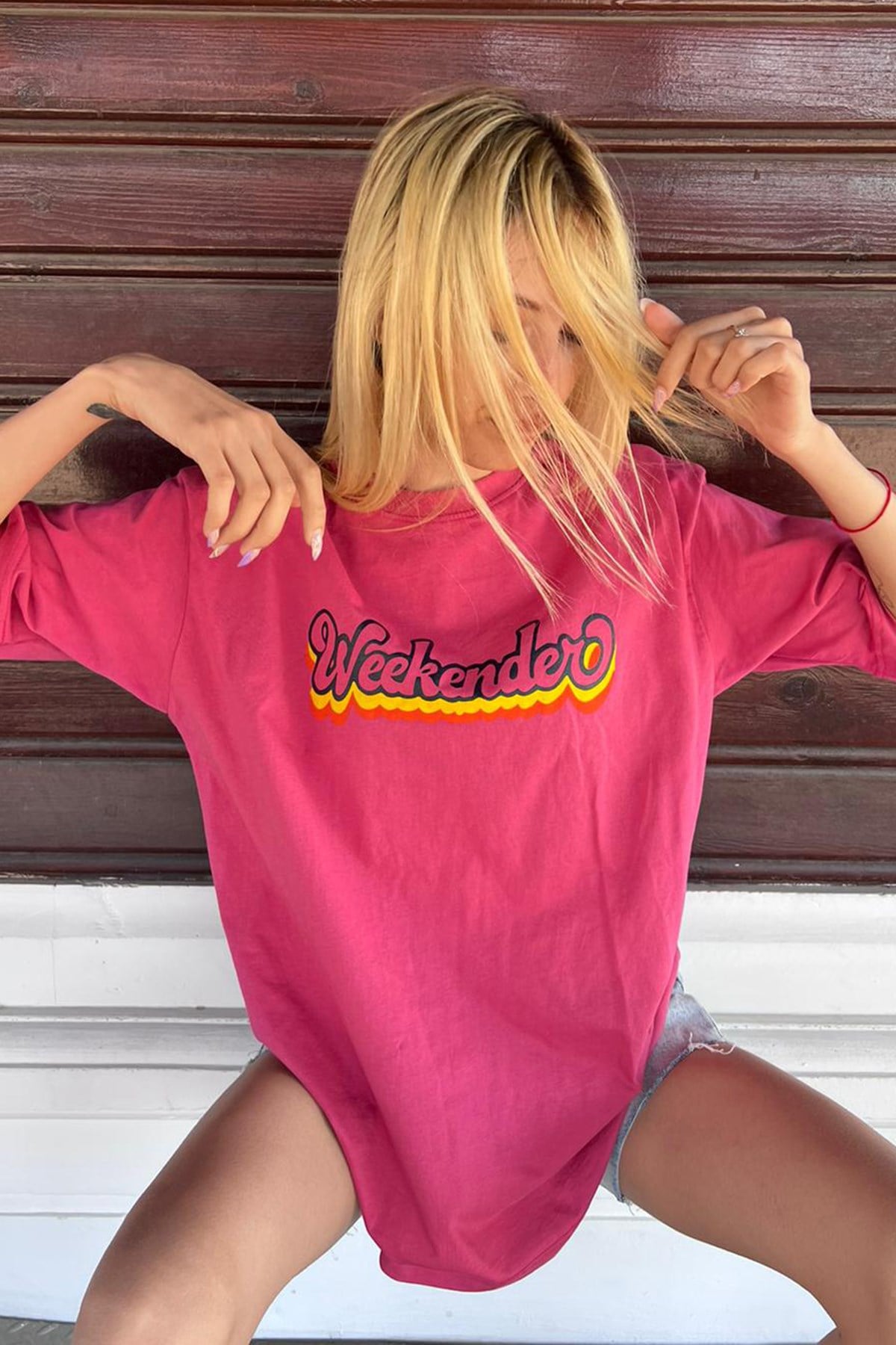 Women Printed Oversize Pink T-Shirt