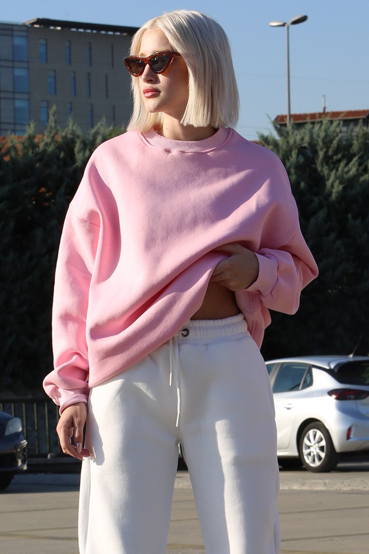 Pembe Bisiklet Yaka Basic Sweatshirt MG1559