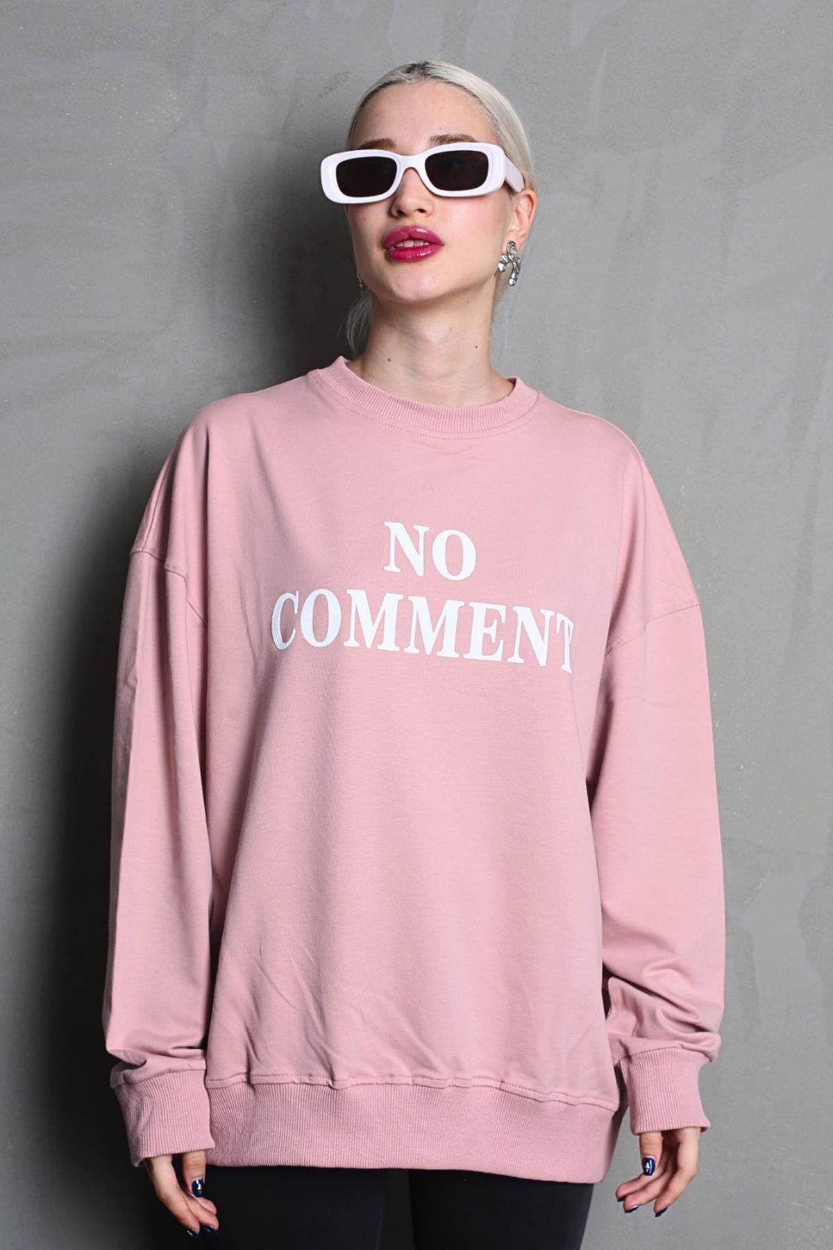 Pembe Bisiklet Yaka Baskılı Oversize Kadın Sweatshirt MG1902
