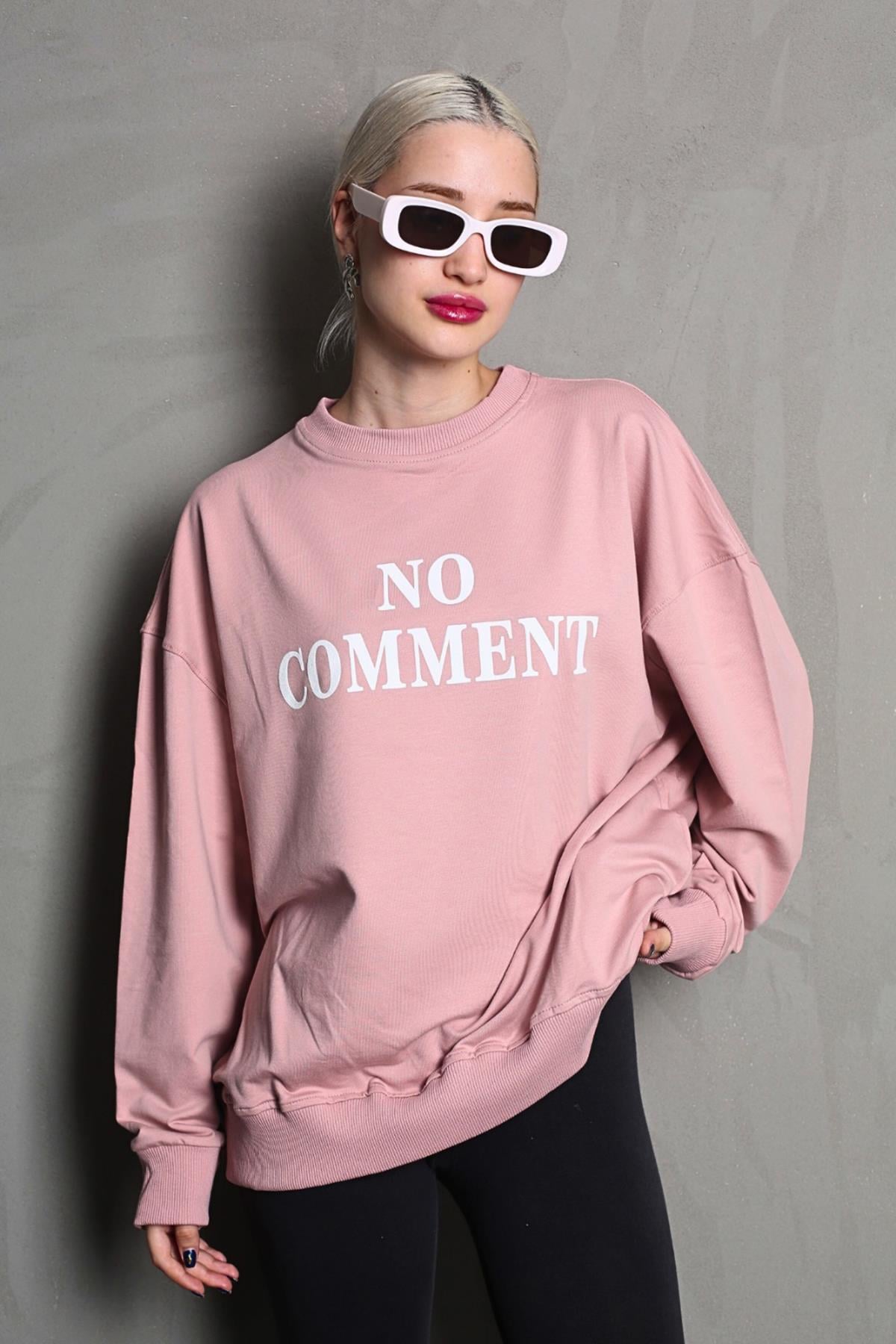 Pembe Bisiklet Yaka Baskılı Oversize Kadın Sweatshirt MG1902