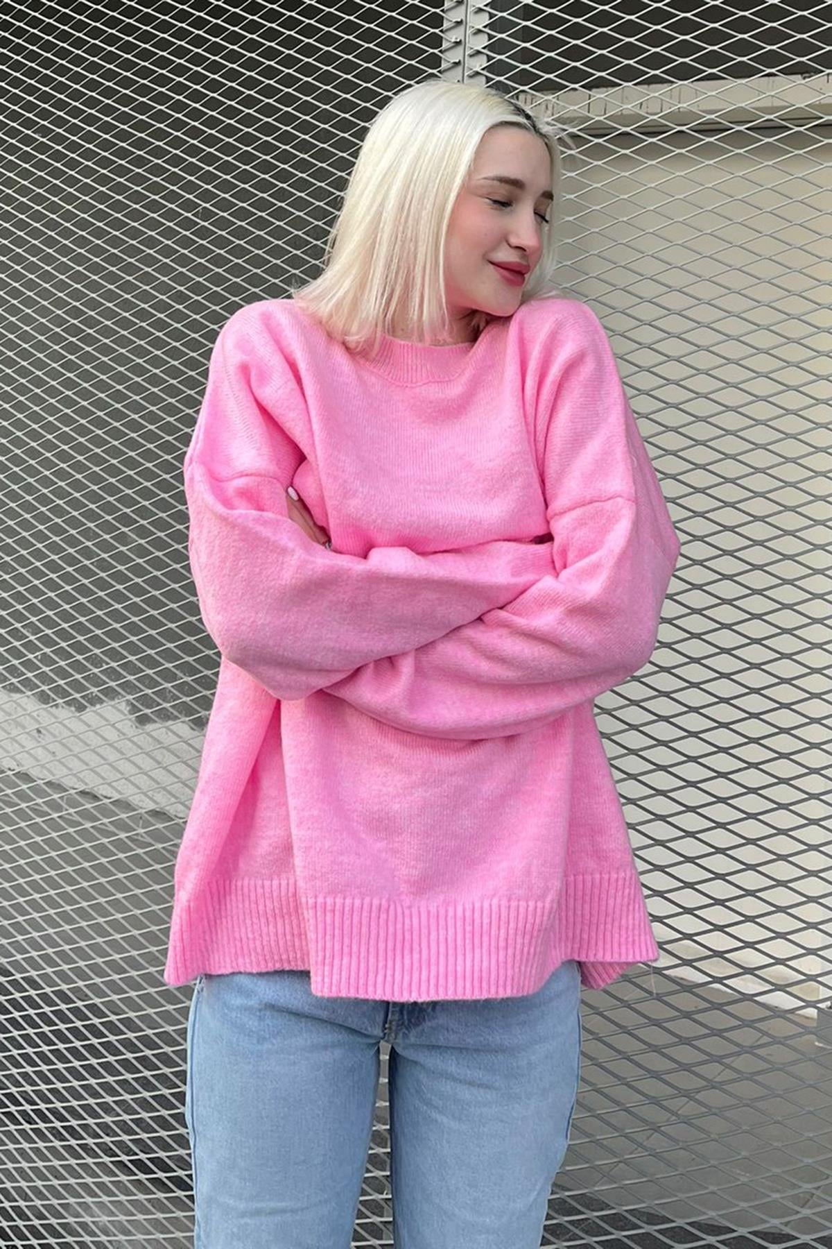 Pembe Bisiklet Yaka Oversize Triko Kazak - Madmext