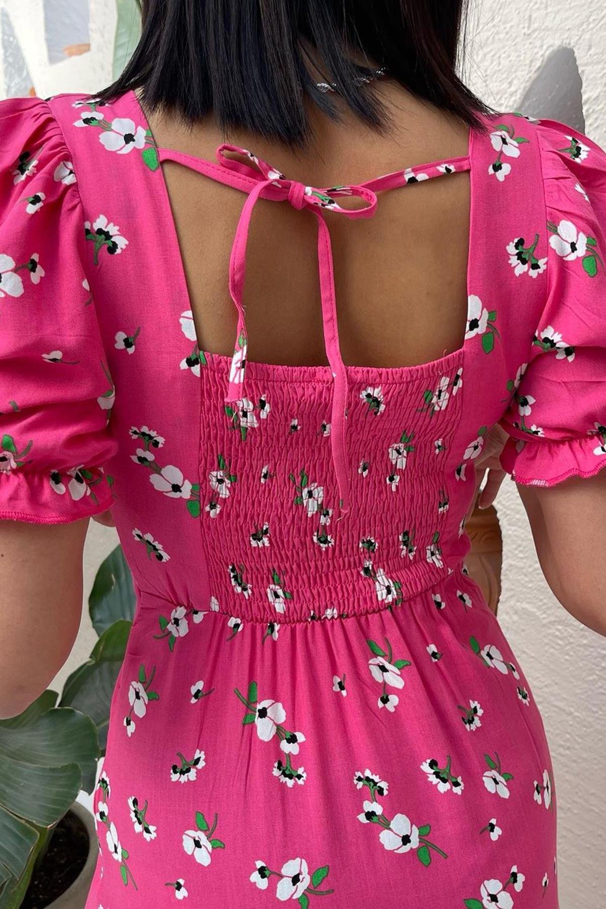 Pembe Çiçek Desenli Balon Kol Midi Elbise MG1820