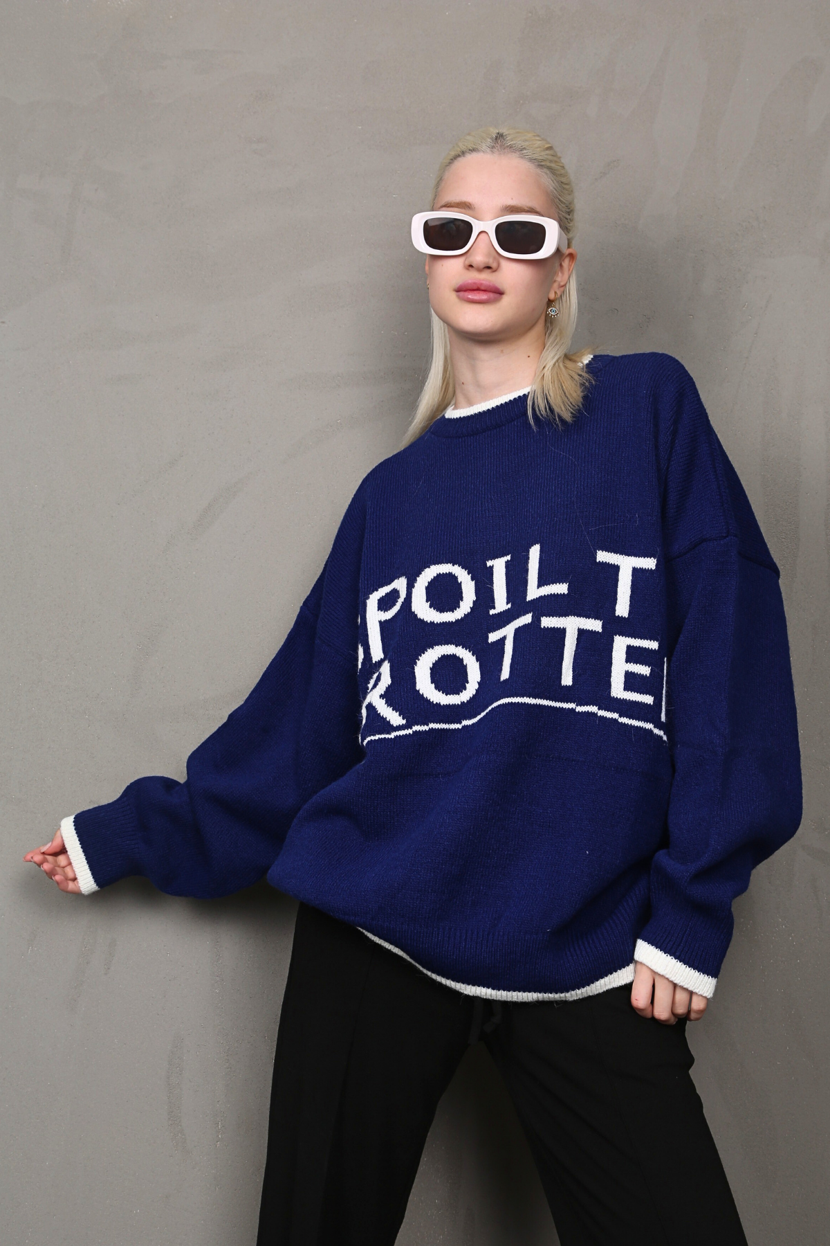 Saks Yazılı Oversize Bisiklet Yaka  Kadın Kazak MG1596