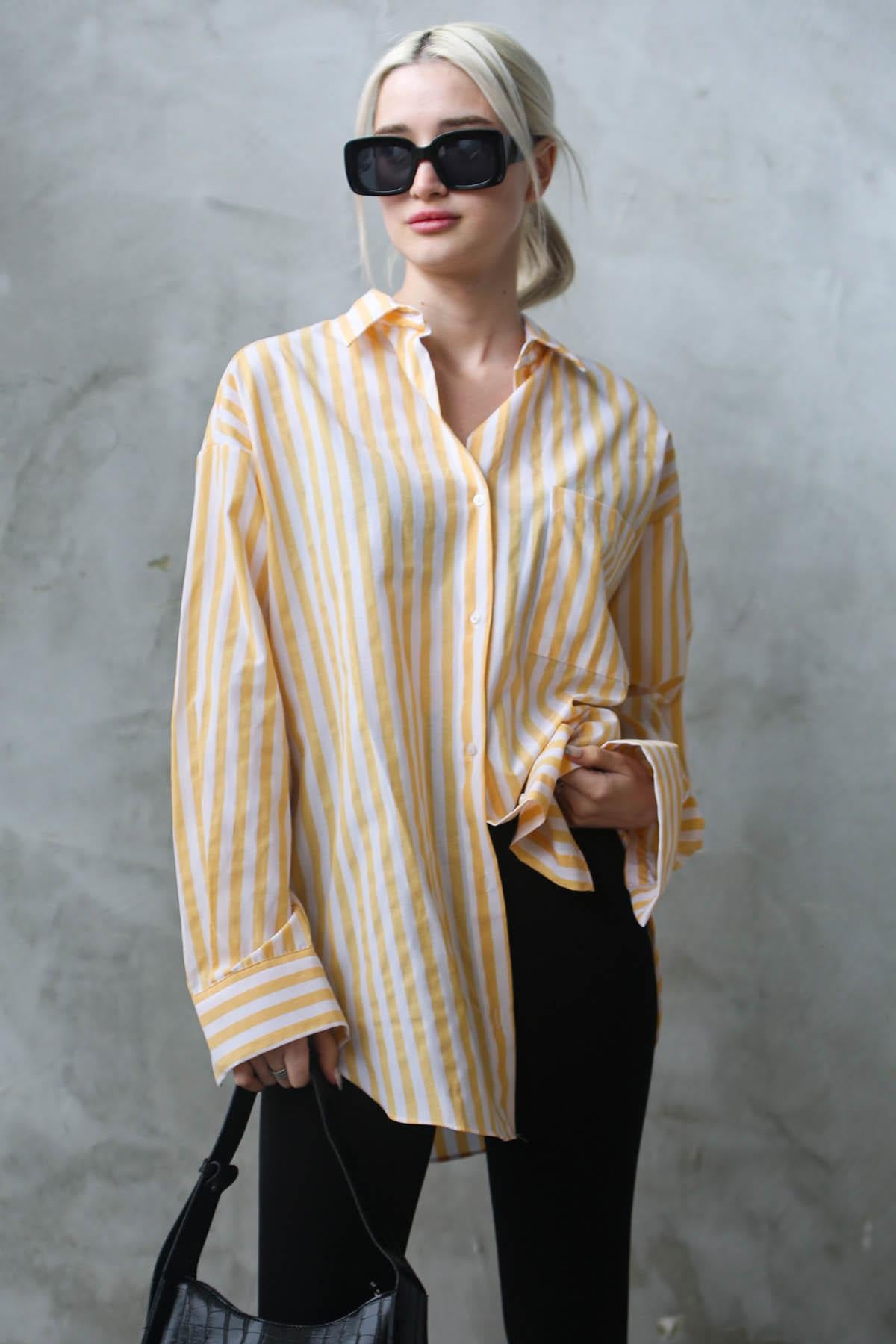 Sarı Çizgili Oversize Kadın Gömlek MG1688