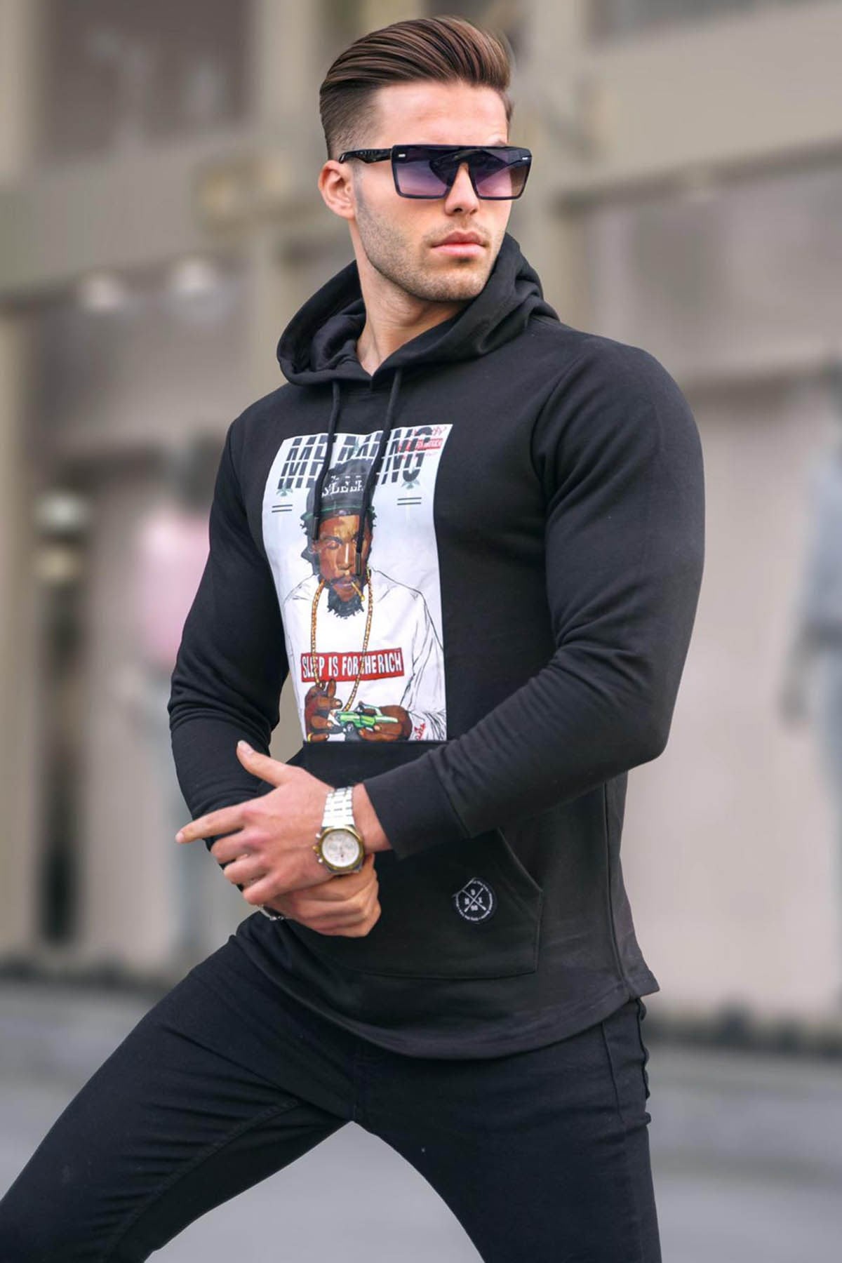 Siyah Baskılı Kapşonlu Sweatshirt 2780