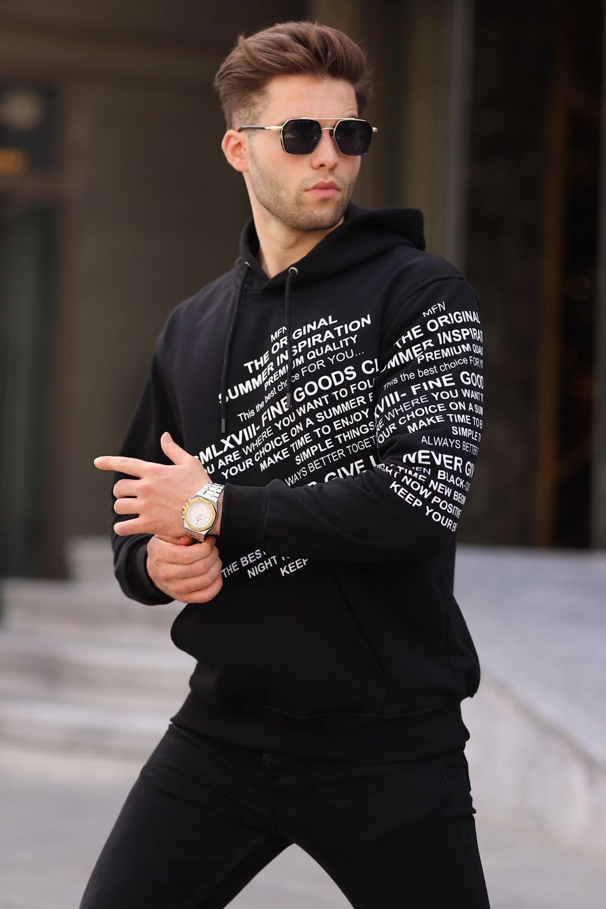 Black Printed Hoodie Sweatshirt -- Madmext