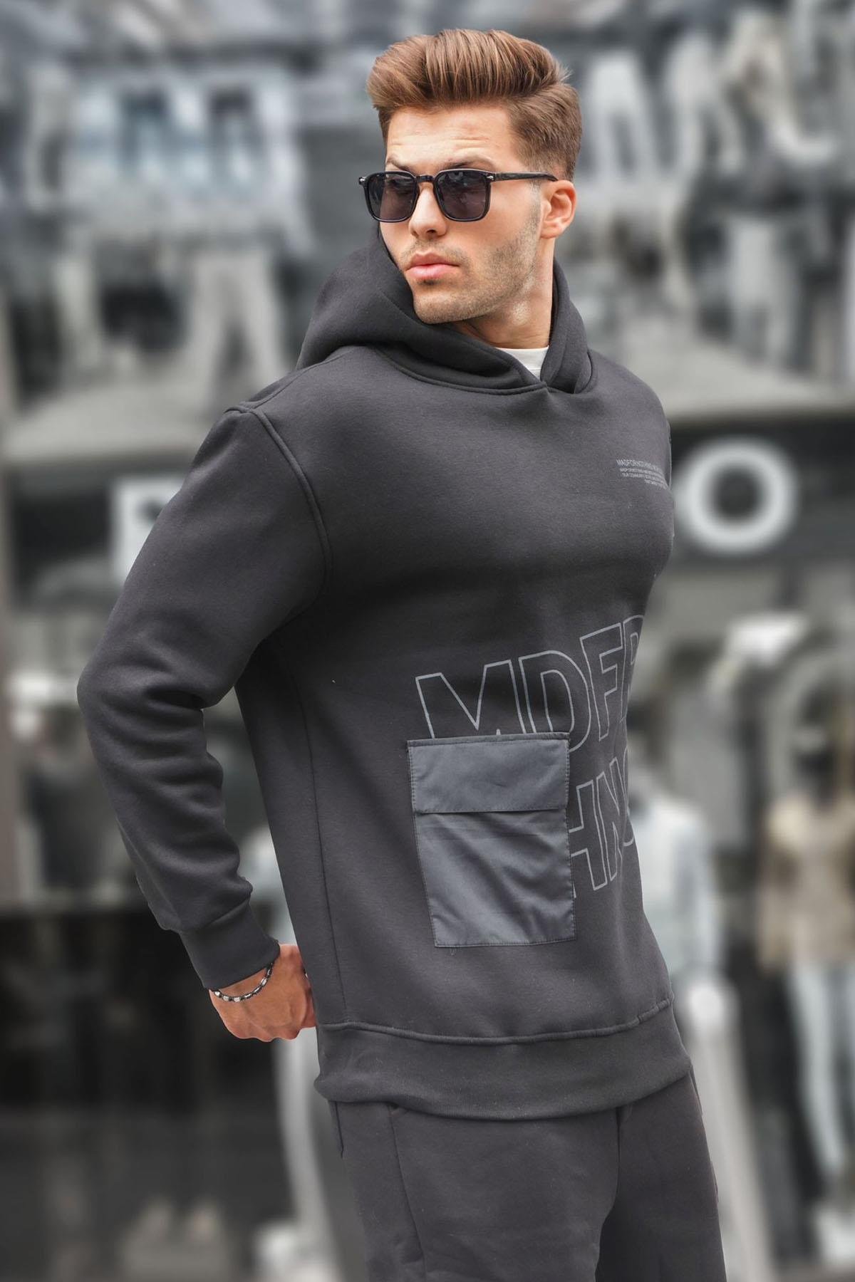 Siyah Baskılı Kapüşonlu Sweatshirt 6148
