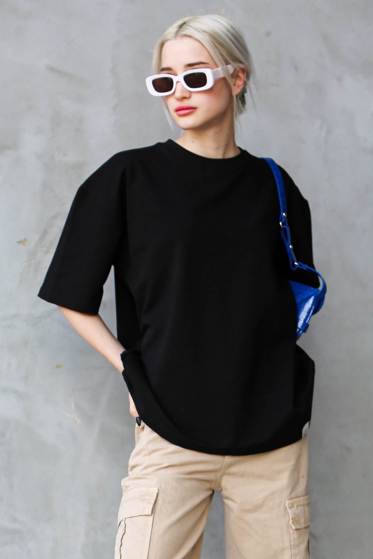 Siyah Bisiklet Yaka Basic Oversize T-shirt MG1687