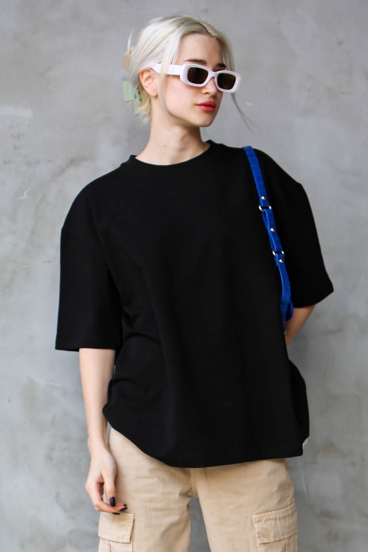 Siyah Bisiklet Yaka Basic Oversize T-shirt MG1687