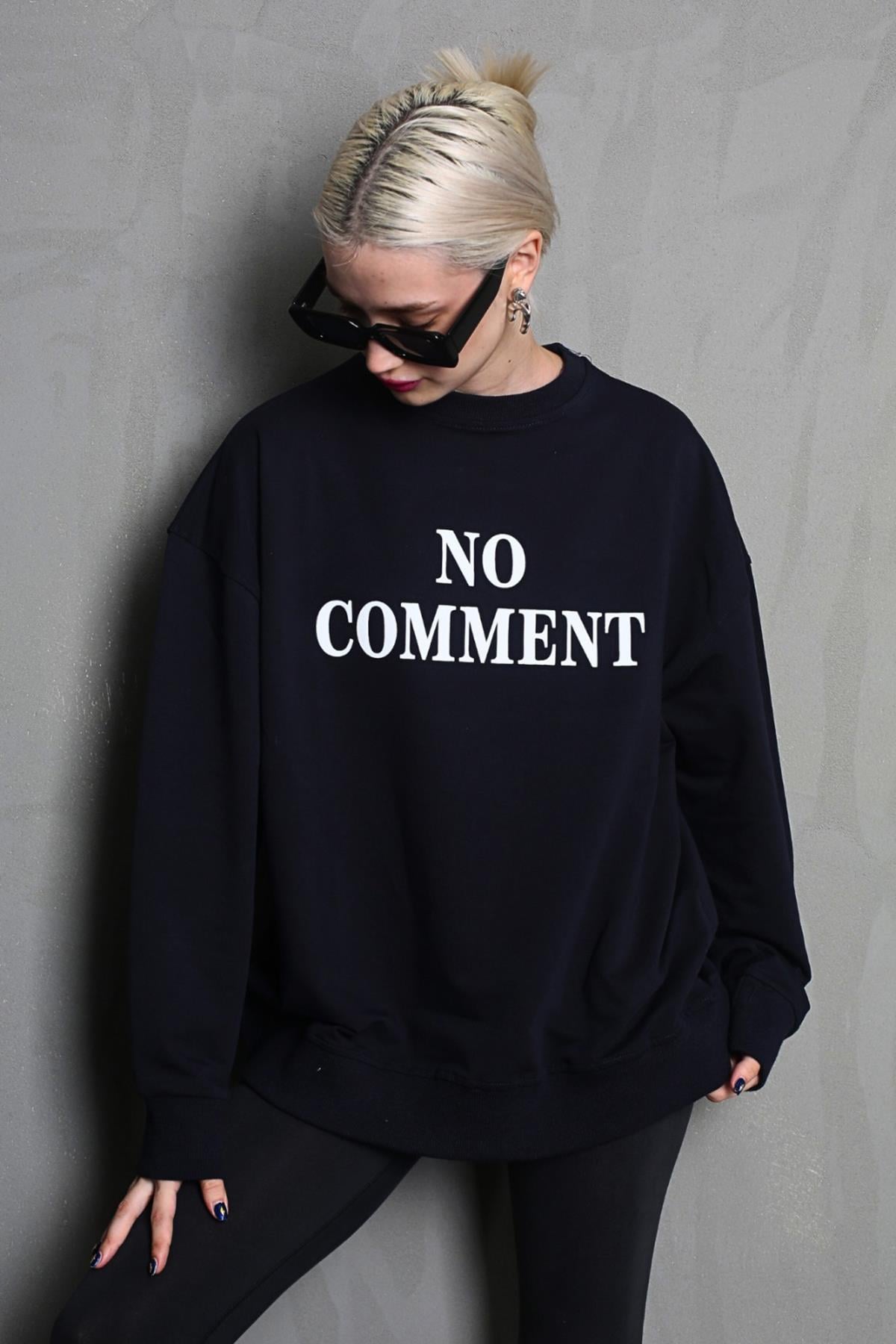 Siyah Bisiklet Yaka Baskılı Oversize Kadın Sweatshirt MG1902