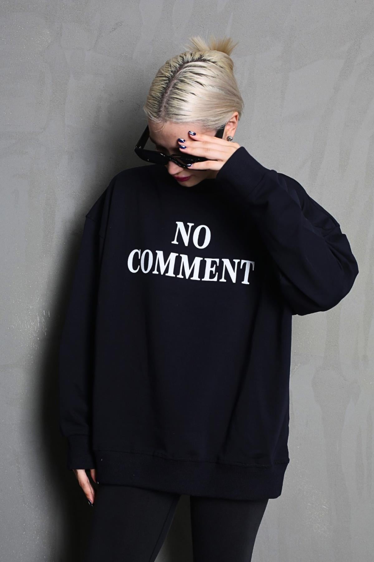 Siyah Bisiklet Yaka Baskılı Oversize Kadın Sweatshirt MG1902