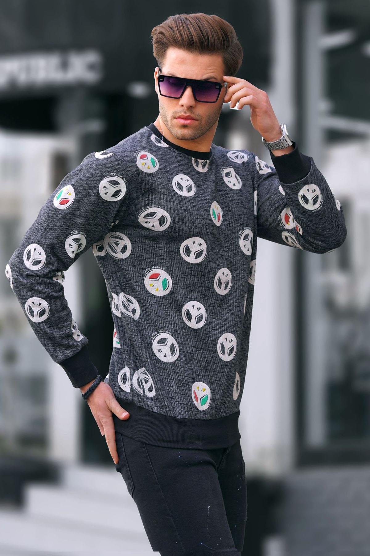 Siyah Bisiklet Yaka Baskılı Sweatshirt 1707