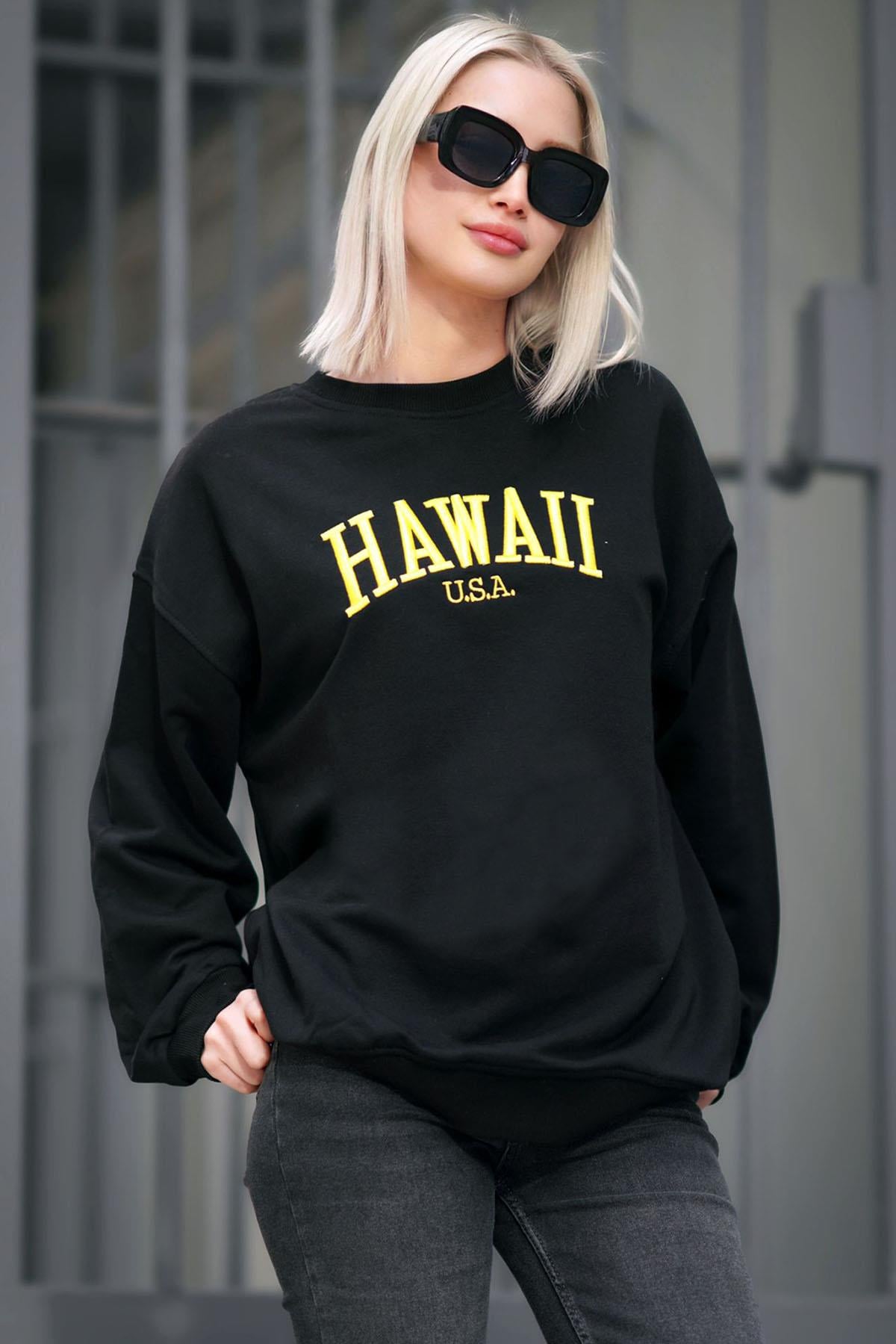 Siyah Bisiklet Yaka Baskılı Sweatshirt MG1922