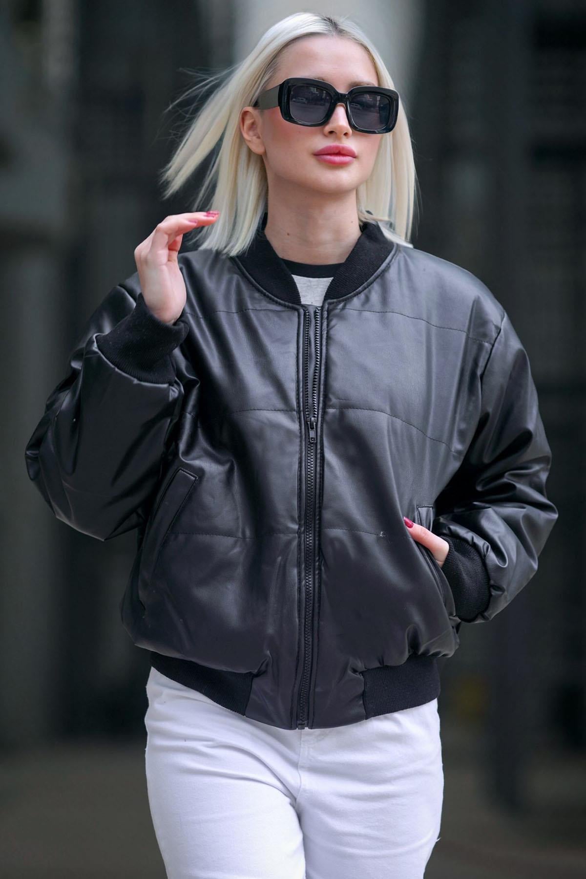Siyah Kadın Bomber Basic Deri Ceket MG1583