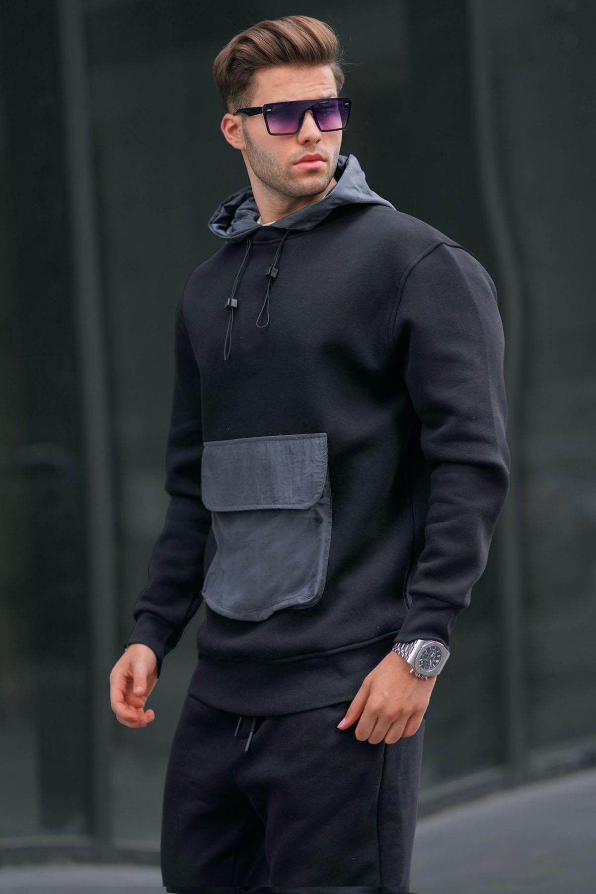 Siyah Kanguru Cep Kapüşonlu Erkek sweatshirt 6138