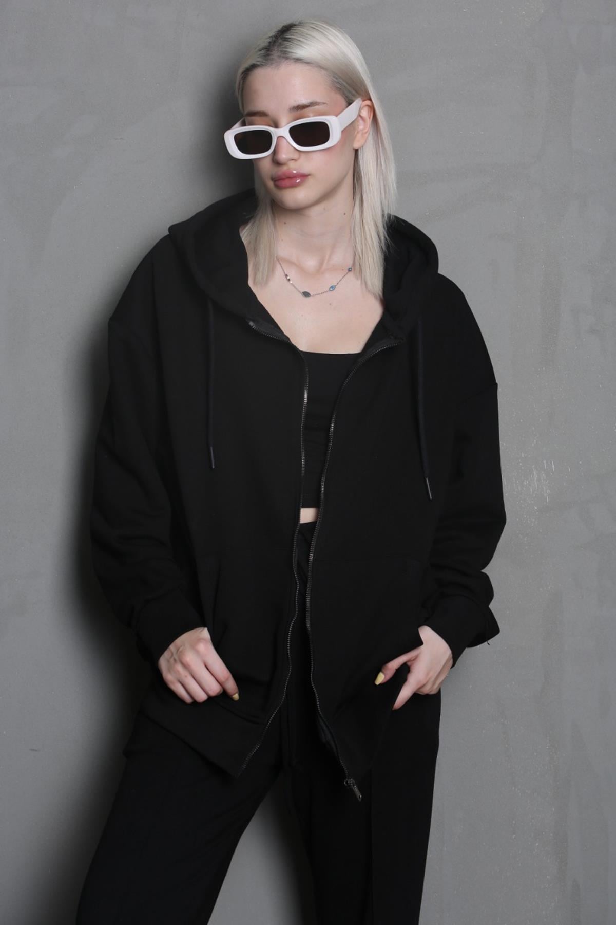 Siyah Kapüşonlu Basic Sweatshirt MG1900