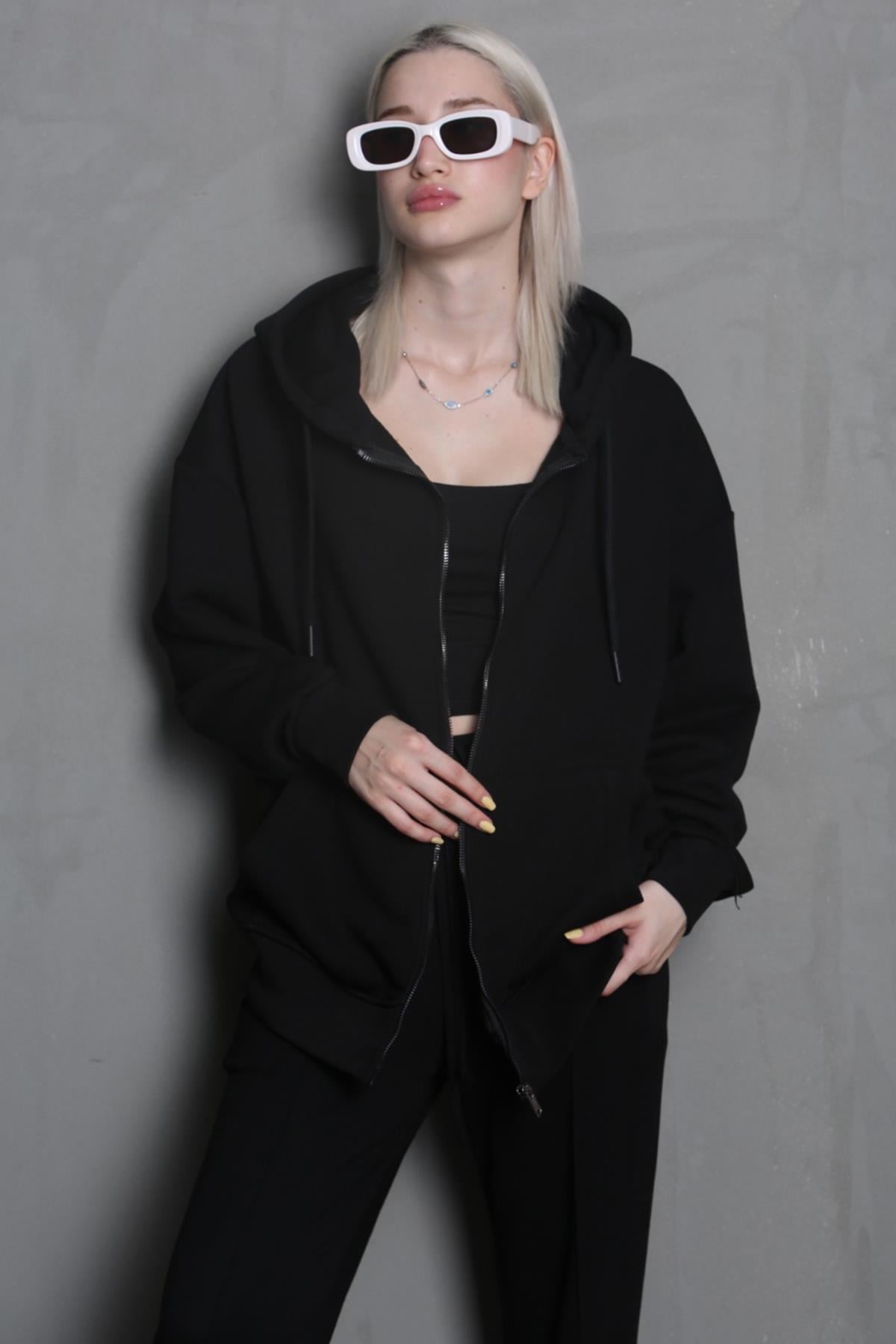 Siyah Kapüşonlu Basic Sweatshirt MG1900