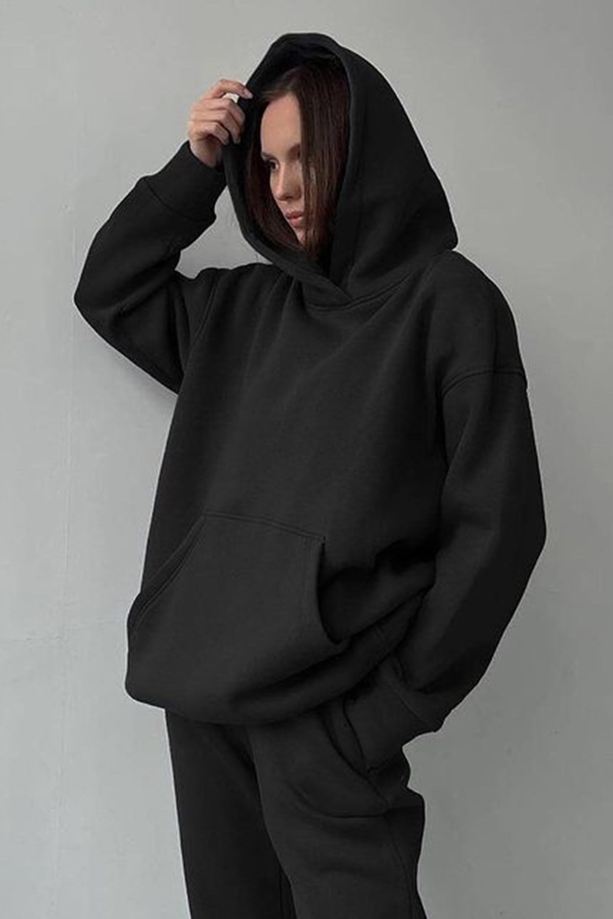 Siyah Kapüşonlu Oversize Kadın Eşofman Takımı MG1609