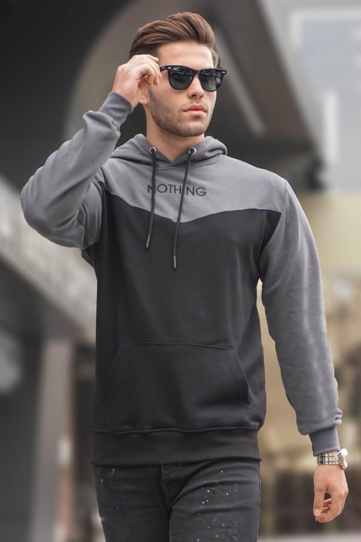 Siyah Kapüşonlu Renk Bloklu Erkek Sweatshirt 6024