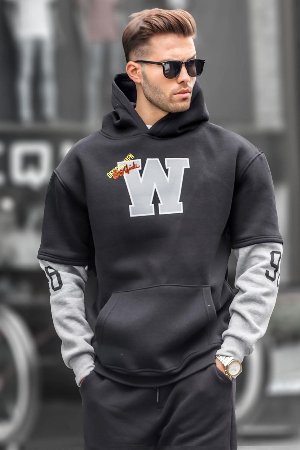 Siyah Nakışlı Kapüşonlu Sweatshirt 6141