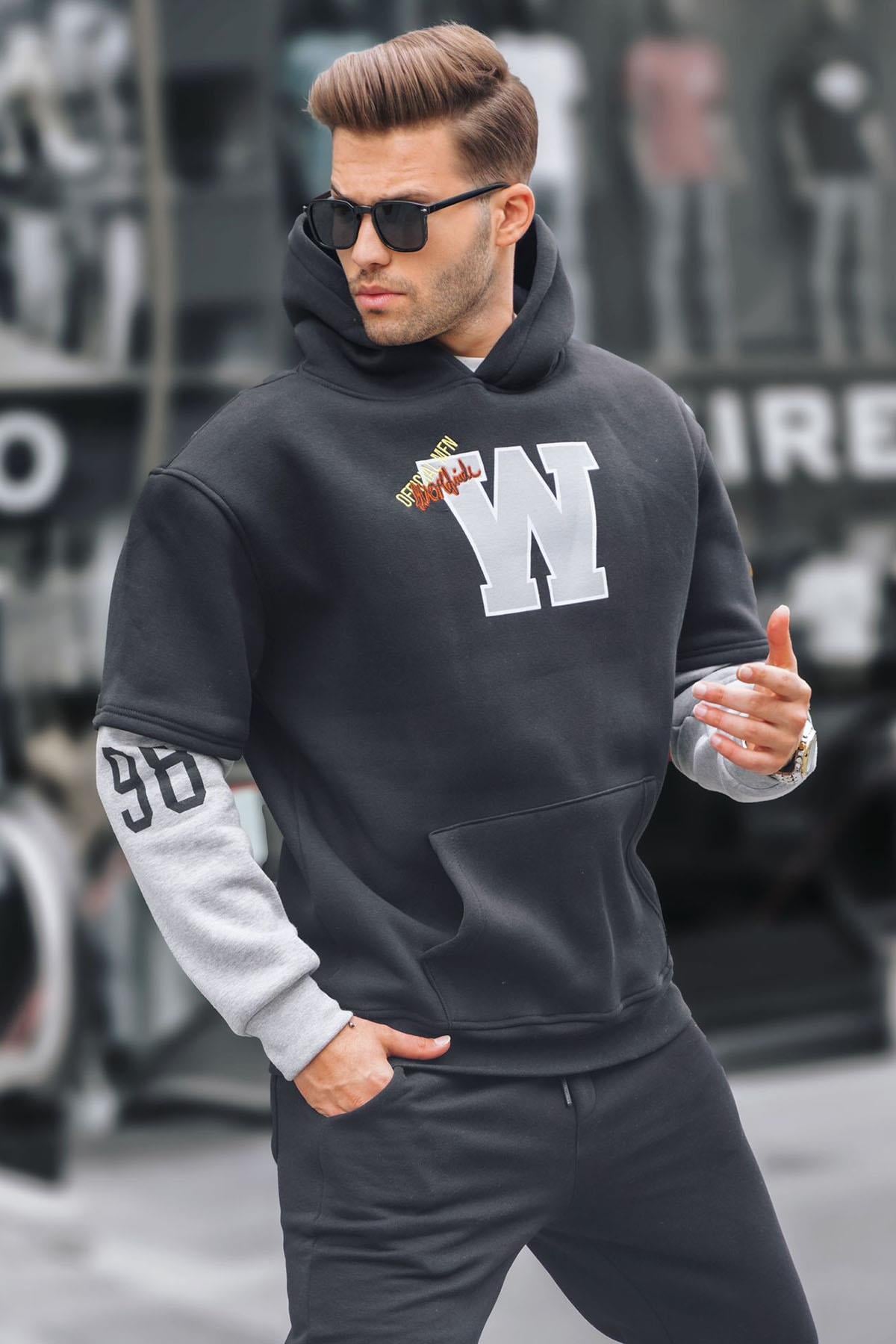 Siyah Nakışlı Kapüşonlu Sweatshirt 6141