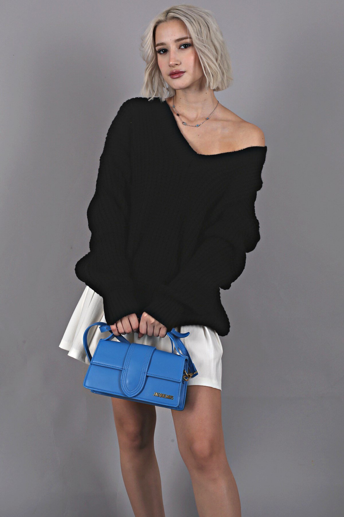 Siyah Oversize V Yaka Triko Kazak MG1440