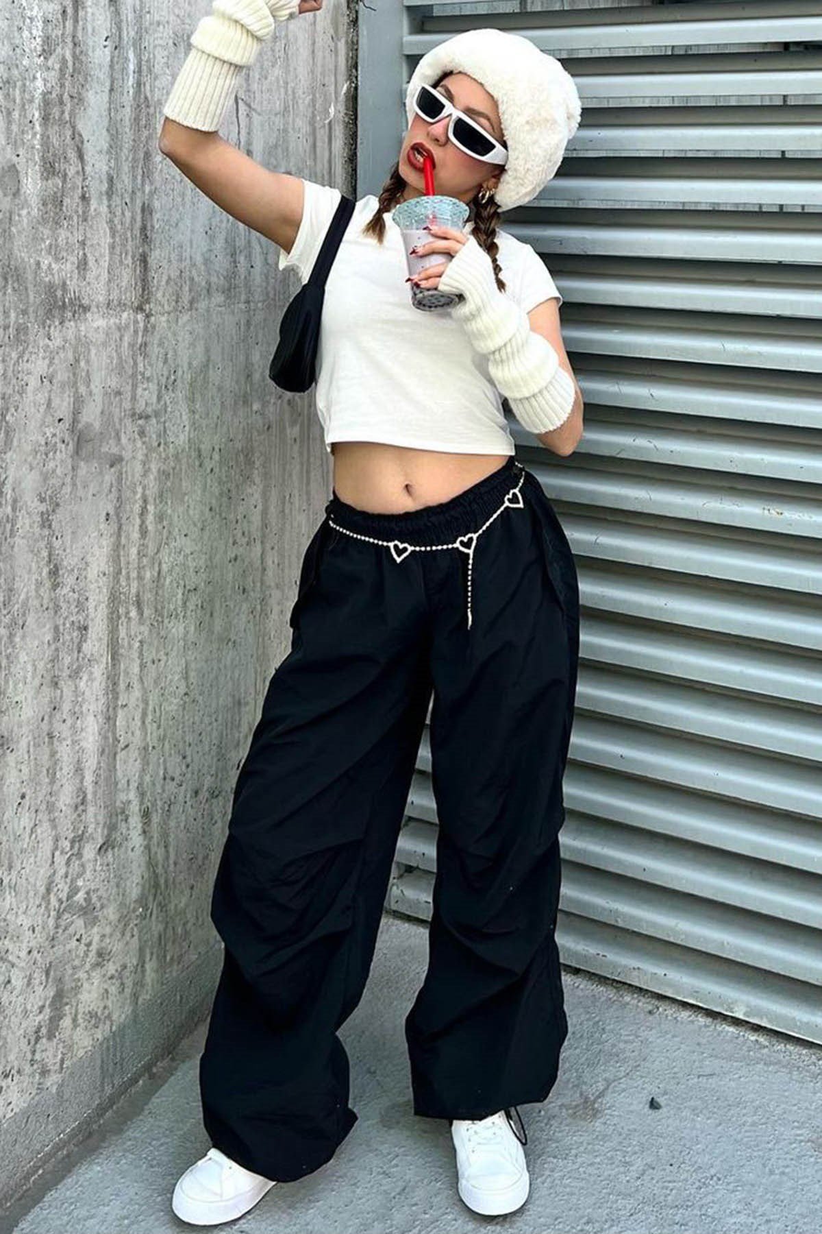 Siyah Paraşüt Jogger Kadın Pantolon MG1726