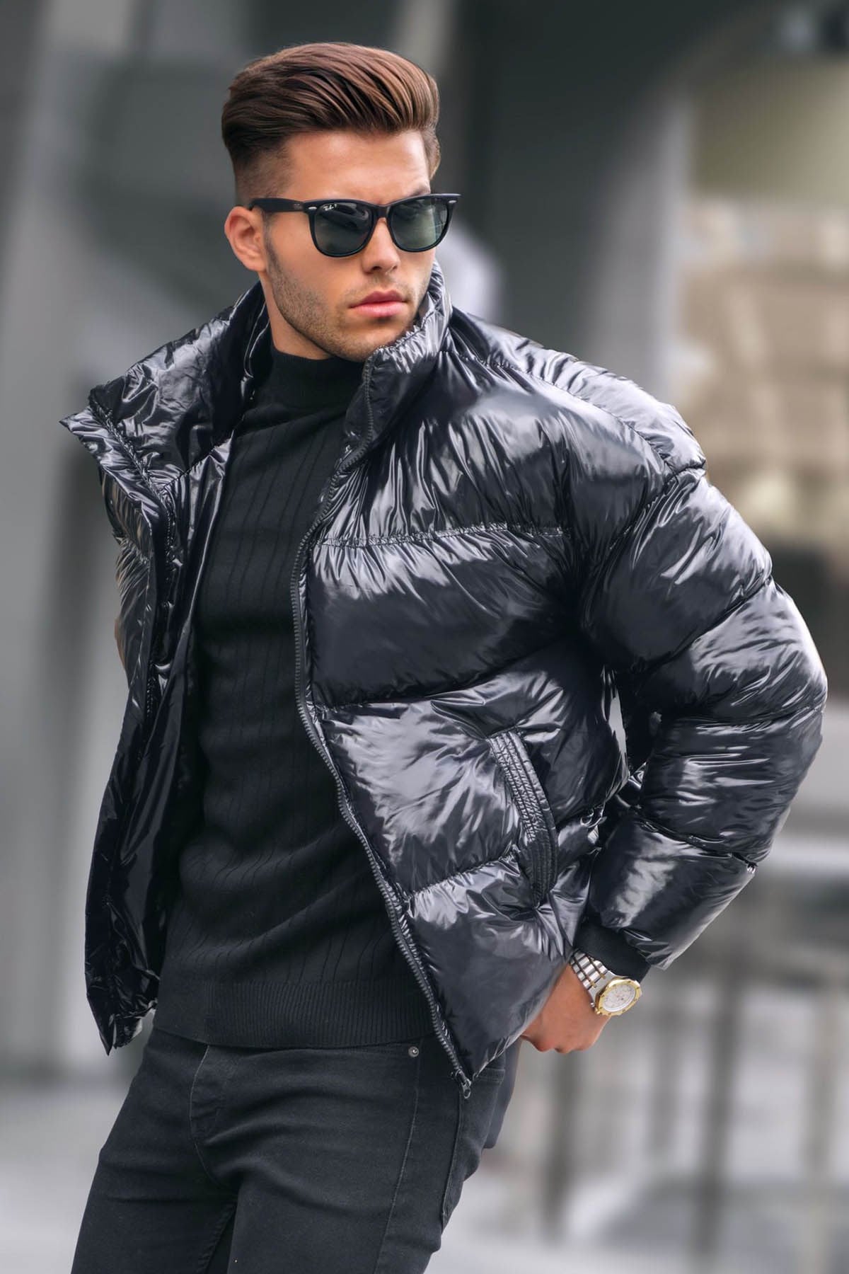 Siyah Parlak Basic Şişme Mont 5993