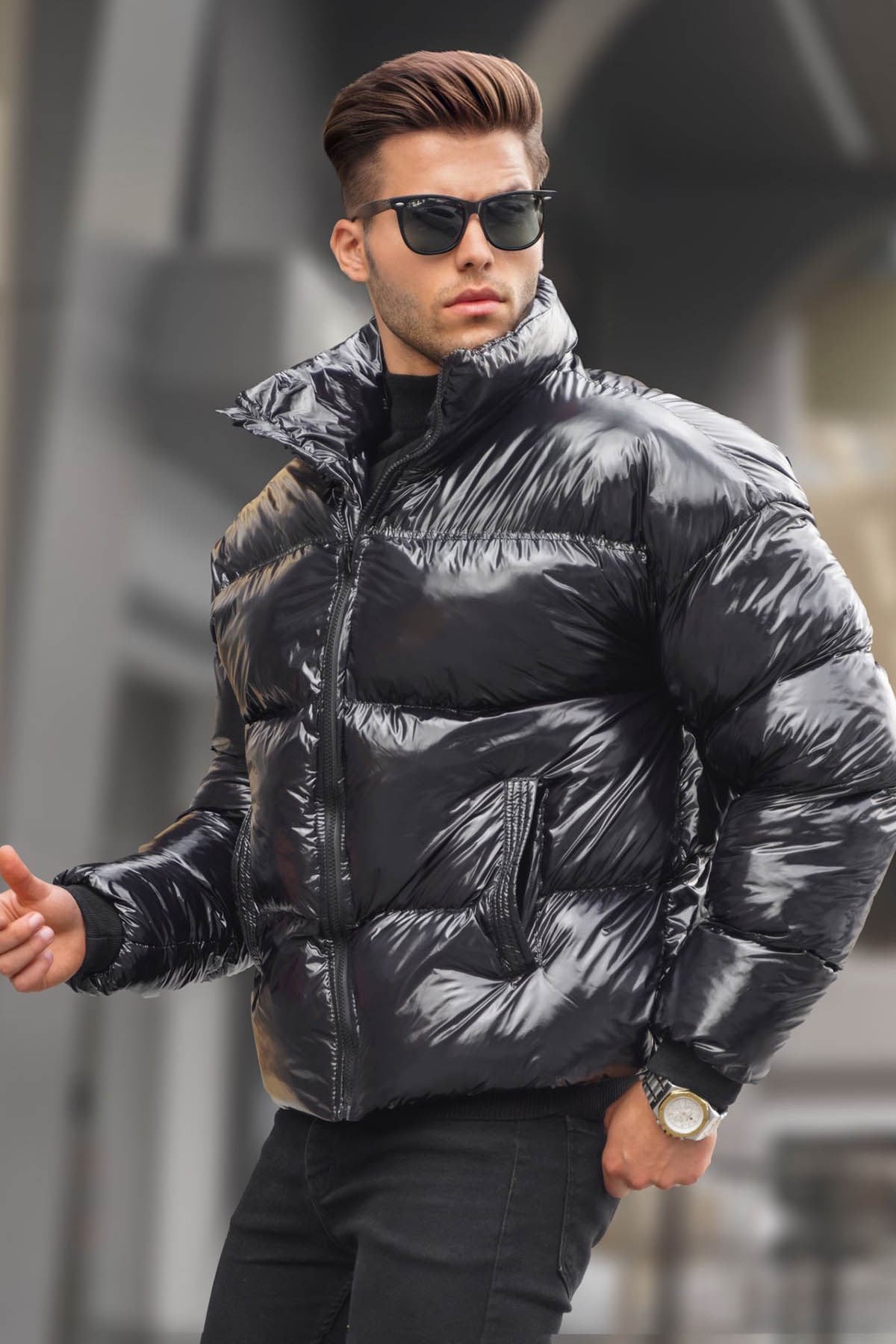Siyah Parlak Basic Şişme Mont 5993