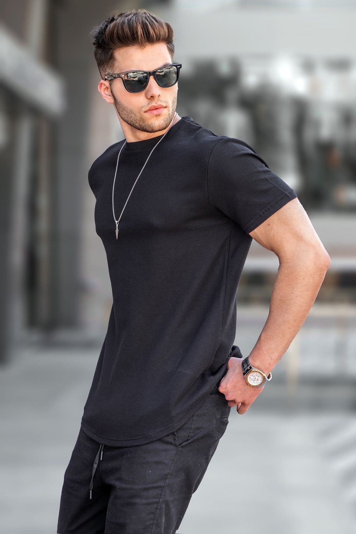 Siyah Waffle Kumaş Basic Tişört 5883