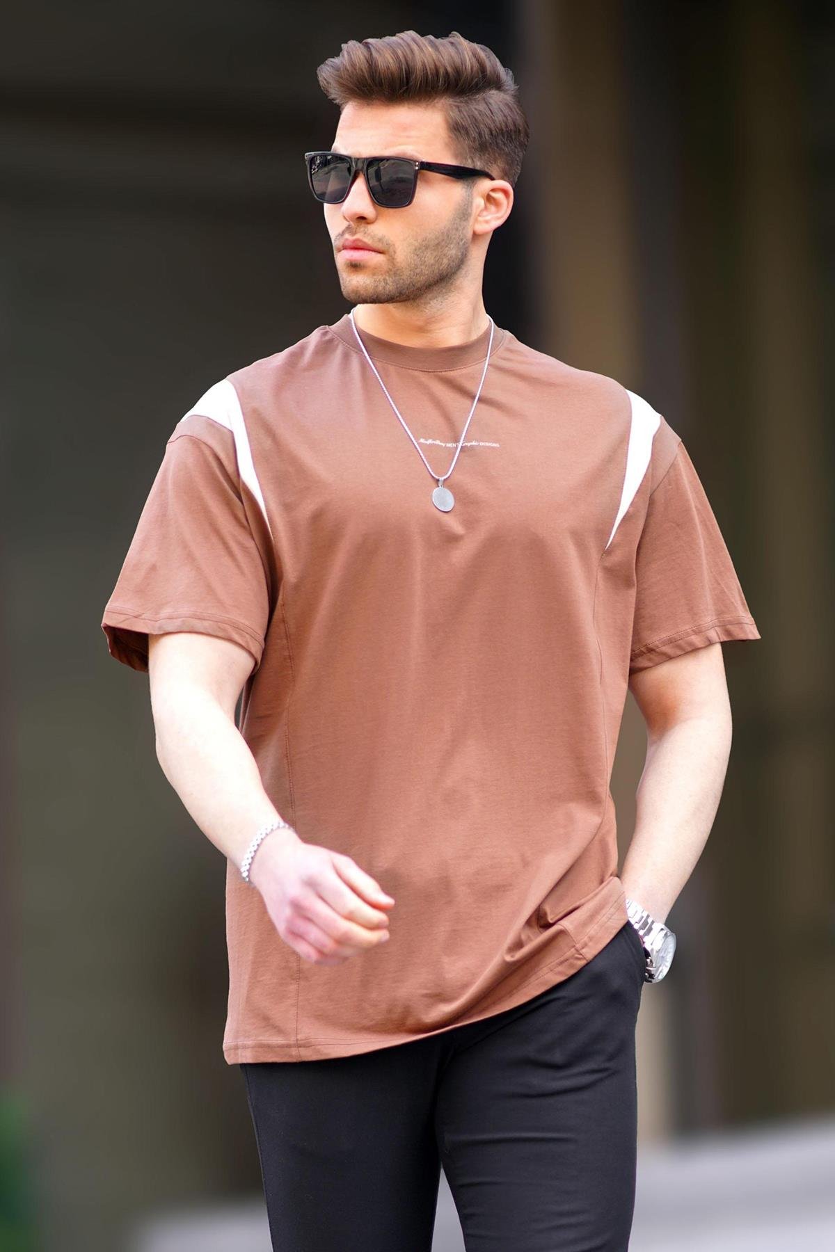 me カットソー Kahverengi Oversize Bisiklet Yaka Tişört - Madmext