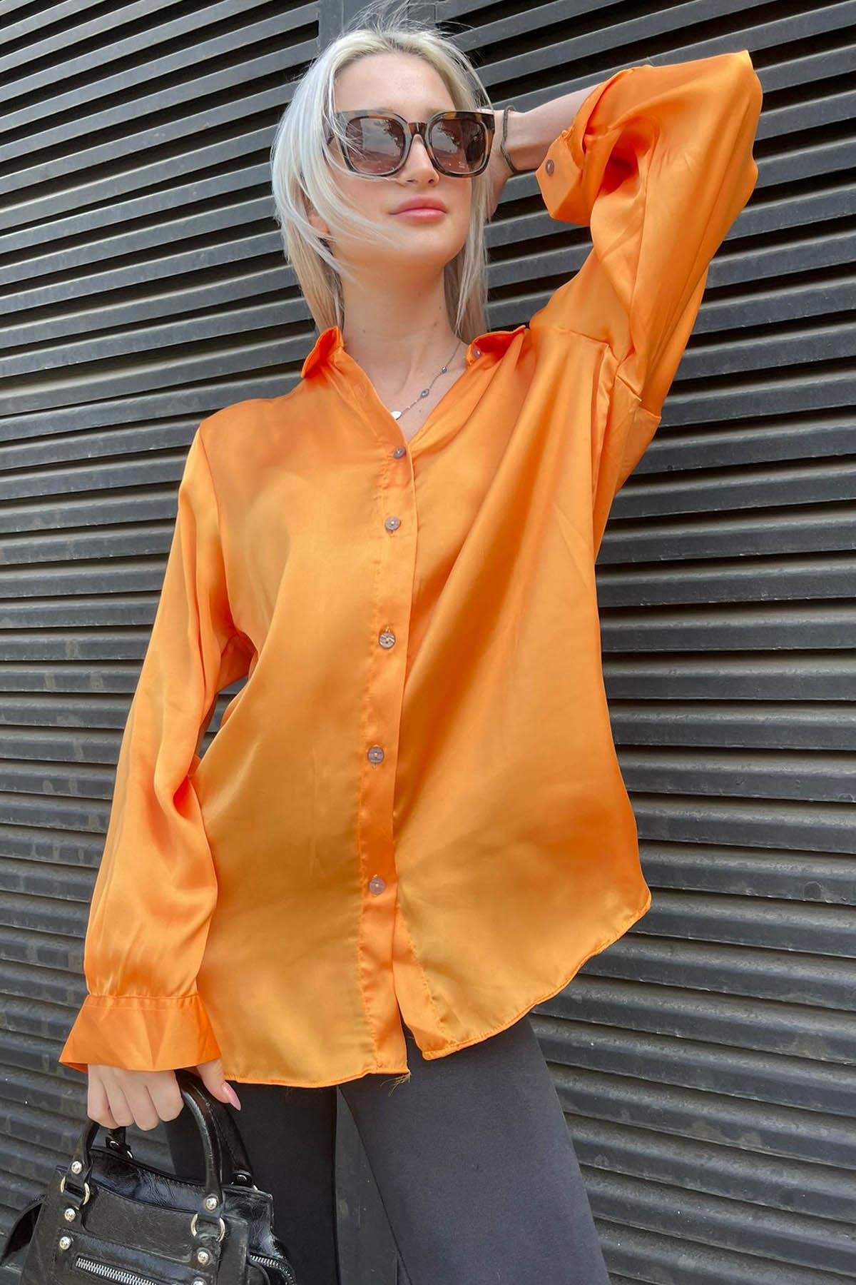 Turuncu Basic Kadın Saten Gömlek MG1326